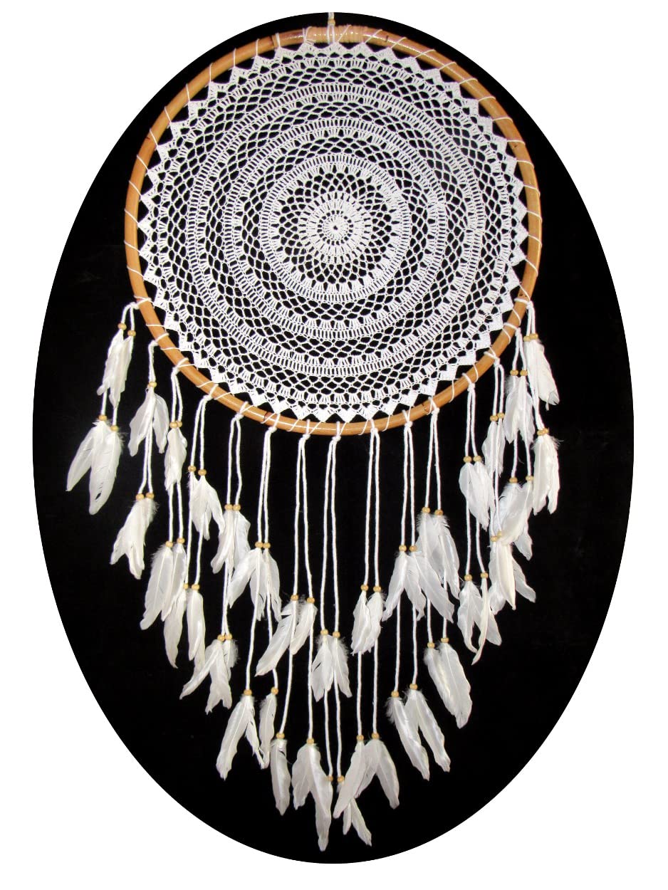 Großer Traumfänger Dreamcatcher gehäkelt weiss Ø ca 40 cm mit Bambusrahmen Wanddeko Raumschmuck Raumdeko Dekoaccessoire Mobilee-Aufhänger