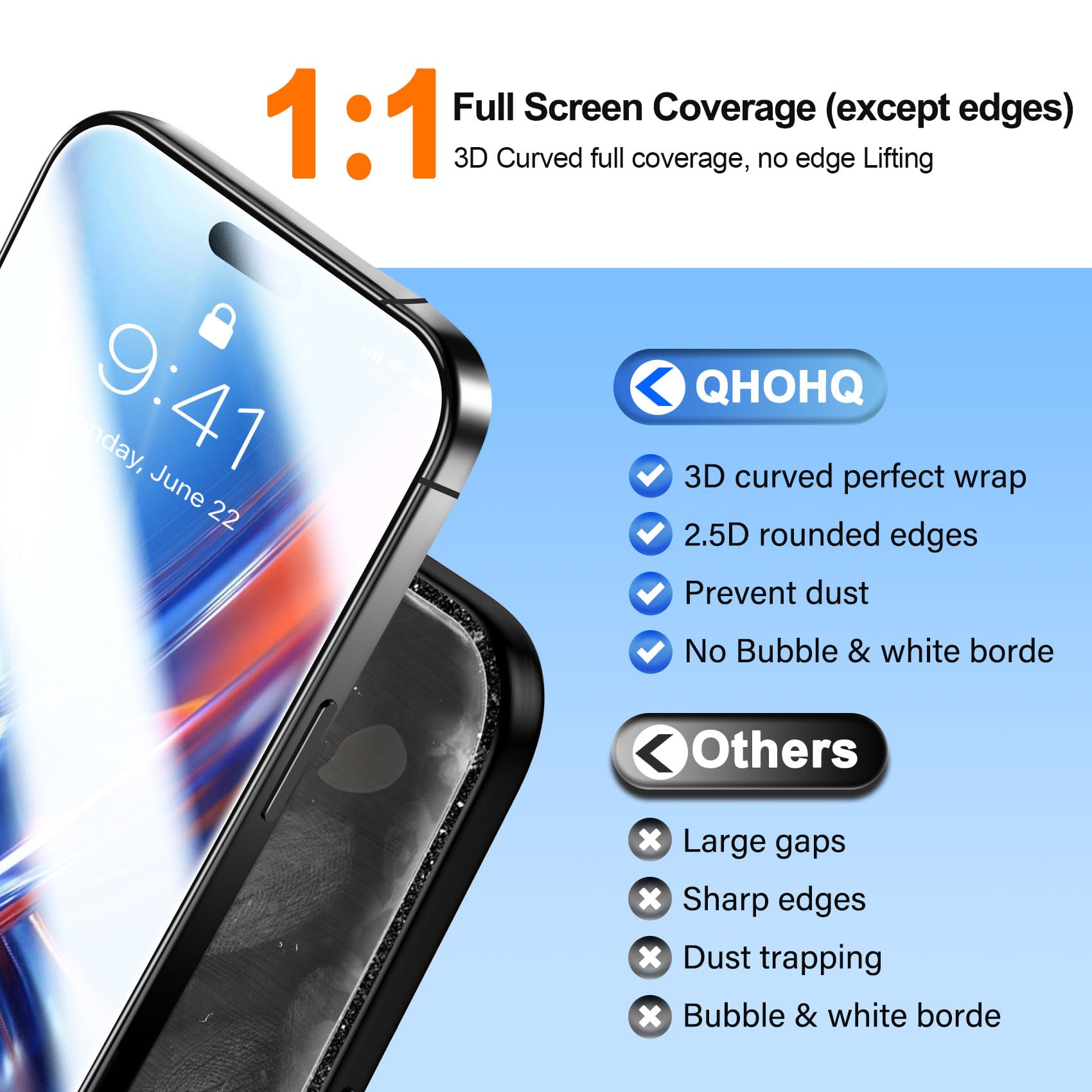 QHOHQ 3 Pezzi Vetro Temperato per iPhone Air + 3 Pezzi Pellicola Fotocamera, 9H+ Pellicola Protettiva per iPhone 17 Air, [12 Piedi Antiurto di Grado Militare], Auto-Install 1s, Cover Compatibile
