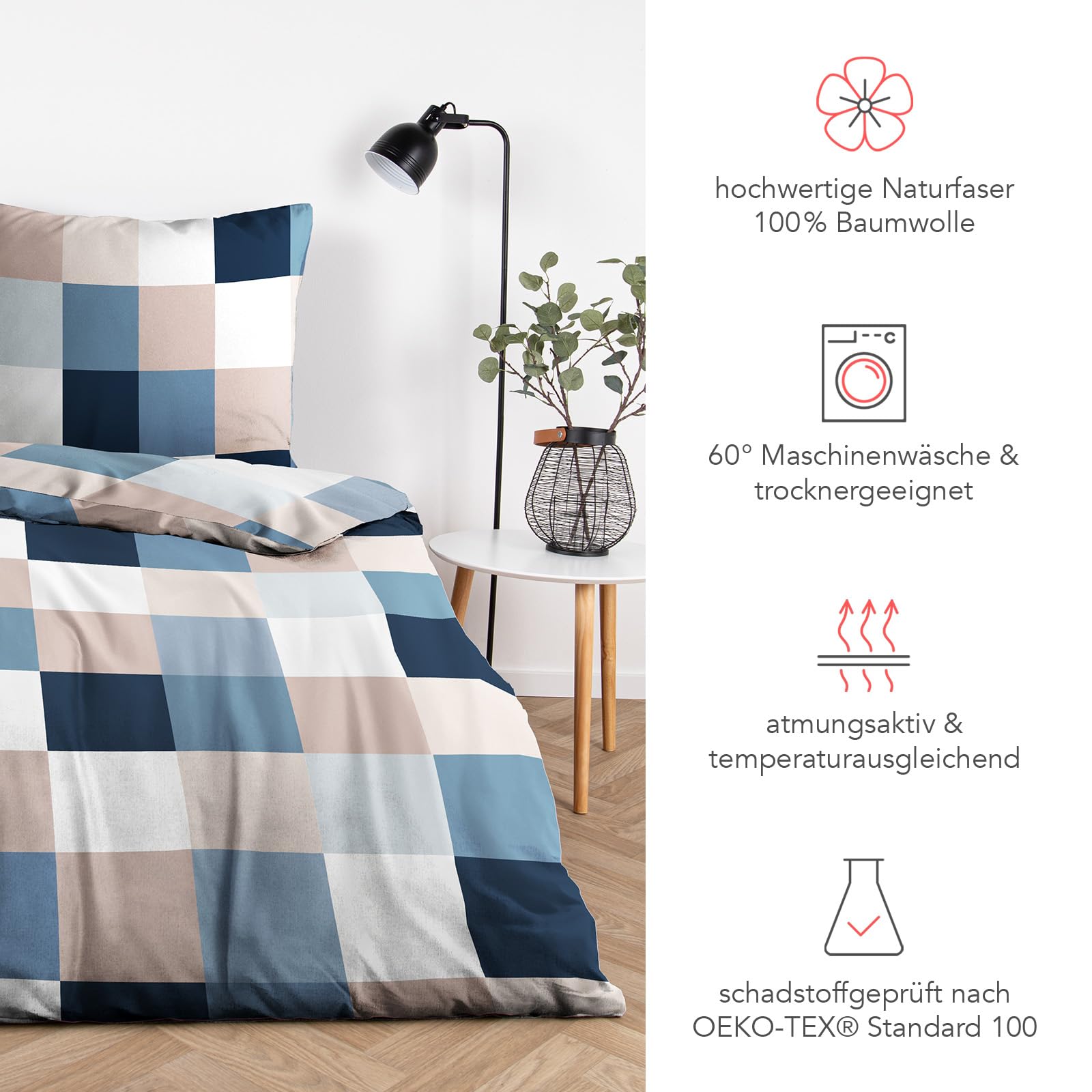 Pure Label Karierte Bettwäsche Set 4tlg 155x220 40x80 blau aus Baumwolle | Waschbar bei 60∘C - Atmungsaktiv für Sommer & Winter - pflegeleicht