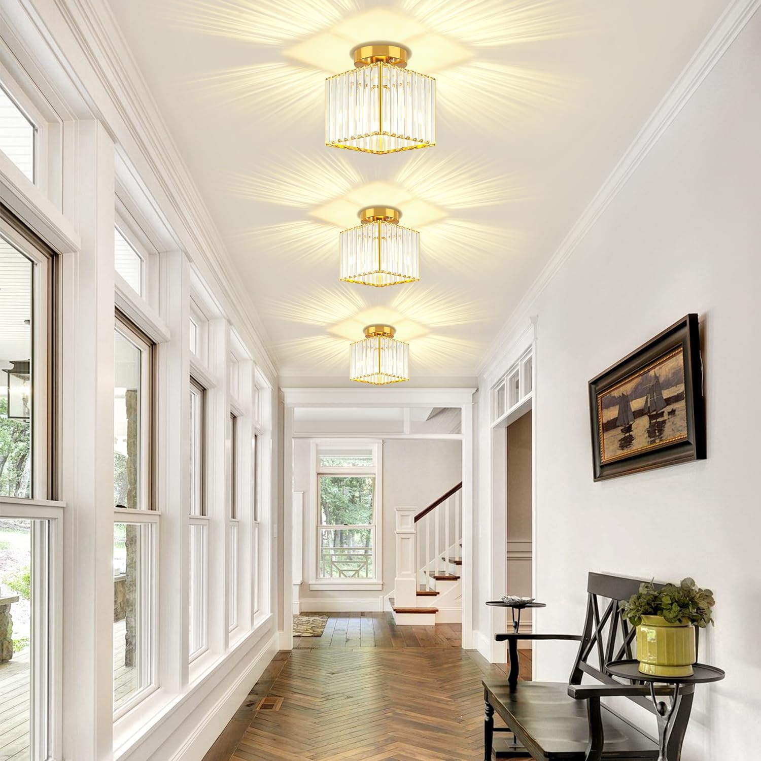 Crystal Semi Flush Mount Ceiling Light 2-Pack Modern Gold Square Hallway Light Fixtures Kitchen Lighting Small Close to Ceiling Lights for Entryway Bathroom Bedroom Laundry Foyer Lighting, 7.24Inch