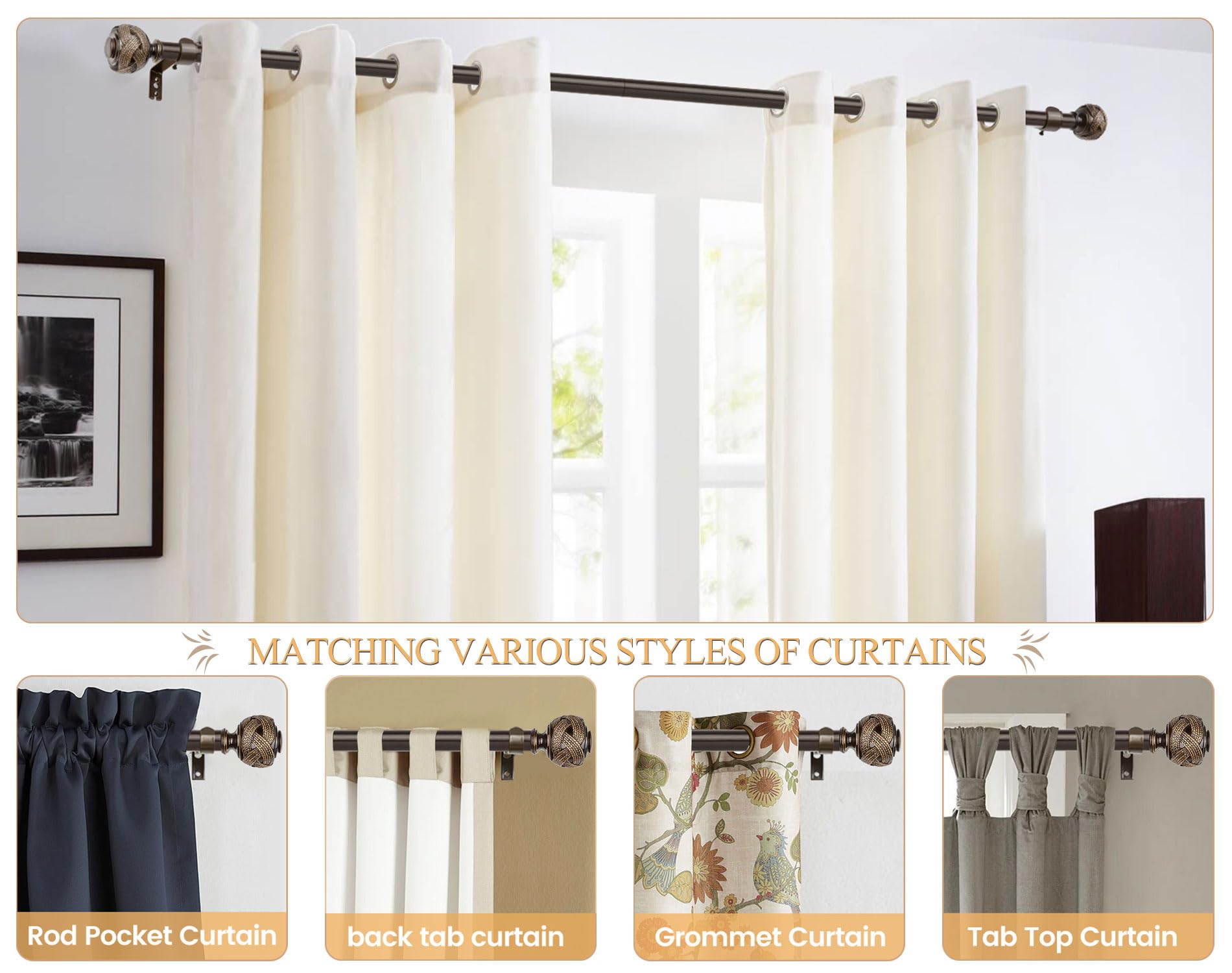 Bronze Curtain Rods - Adjustable 32-58 Inch -5 Bronze Curtain Rods - Adjustable 32-58 Inch -5