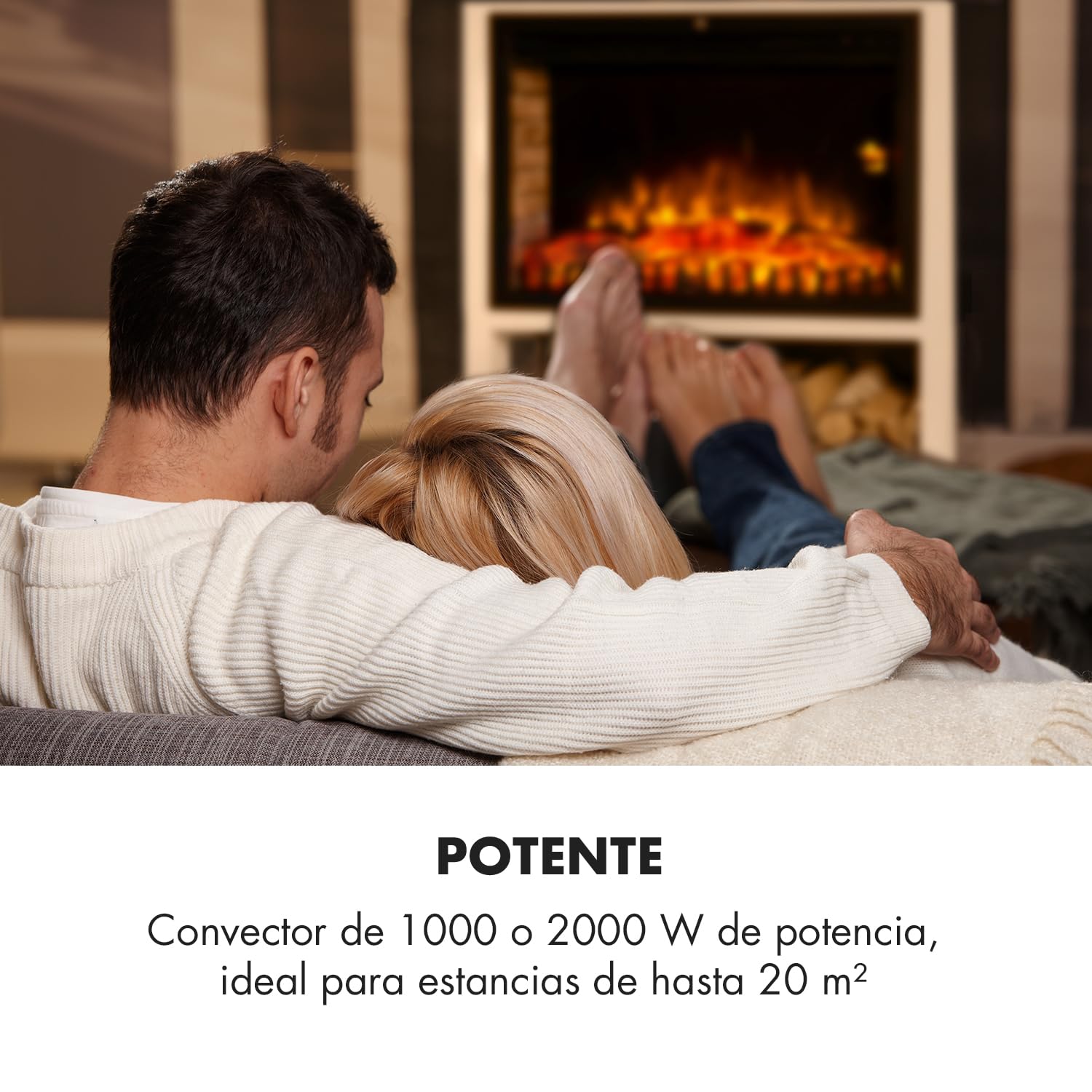 Klarstein Mauna Loa - Chimenea eléctrica de convección, 1000/2000 W, hasta 40 m², termostato: 15-30 °C, ilusión de Llamas, LED Regulable, Mando a Distancia, Temporizador semanal, Blanco