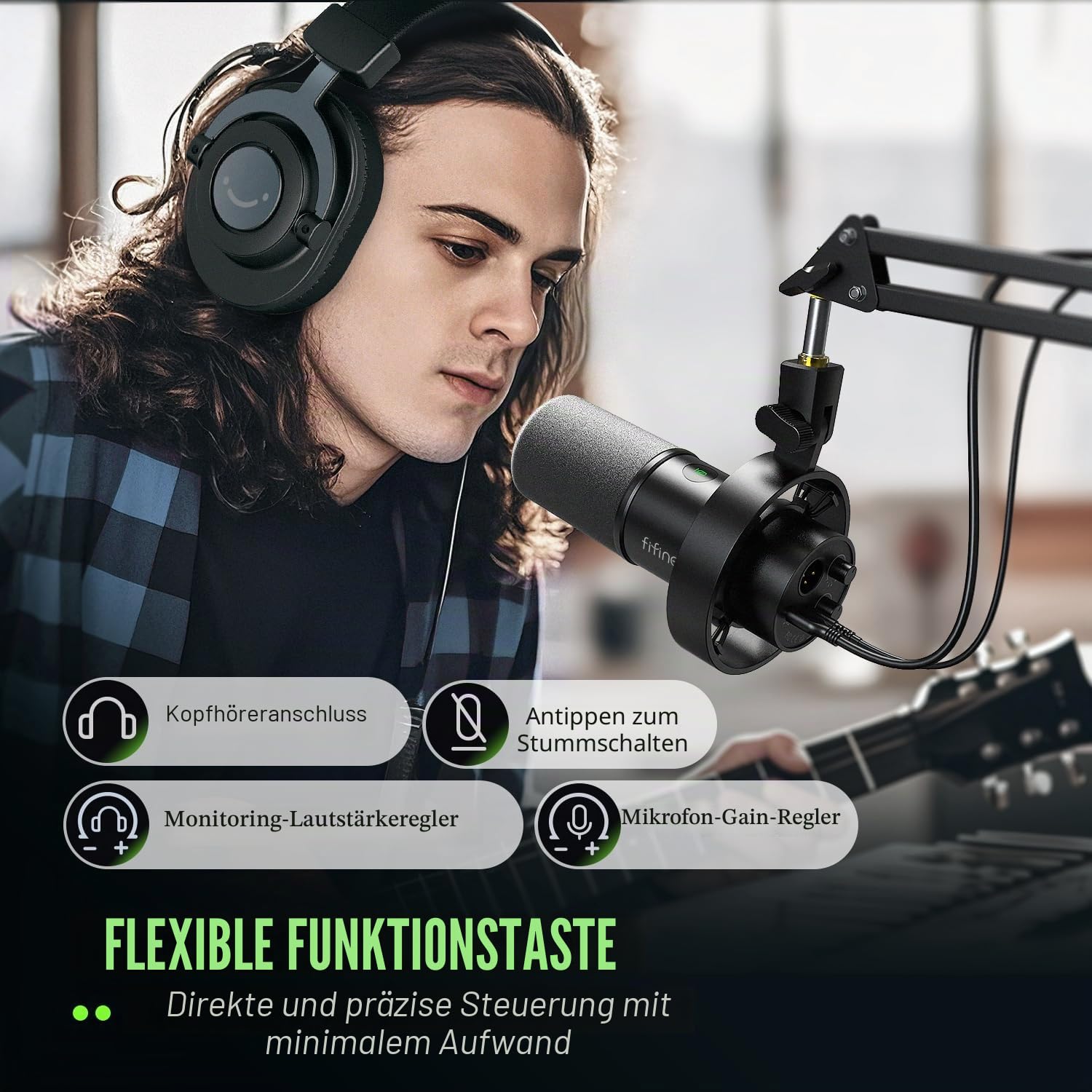 FIFINE Podcast Mikrofon K688 mit Boom Arm, USB/XLR Dynamic Mic Kit mit Mute Button, 3,5 mm Kopfhörer Jack für Studio/Musikaufnahme/Streaming Kompatibel mit PC/Computer/XLR Mixer - K688CT