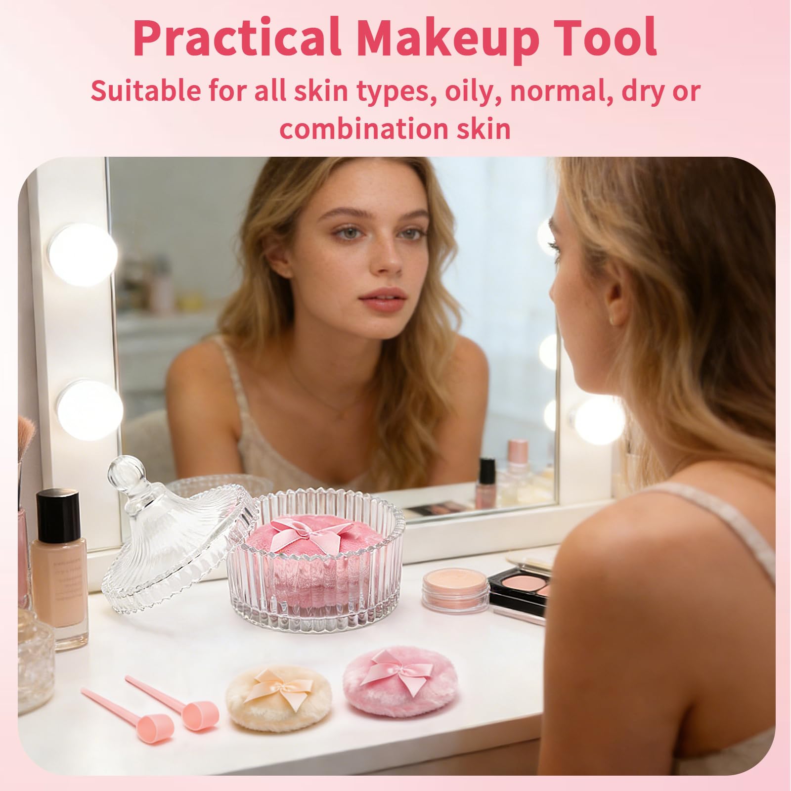 Puderdose con piumino set in vetro piumino per cipria corpo grande contenitore cipria con 2 piumini e cucchiaio morbido e soffice per donne rosa beige