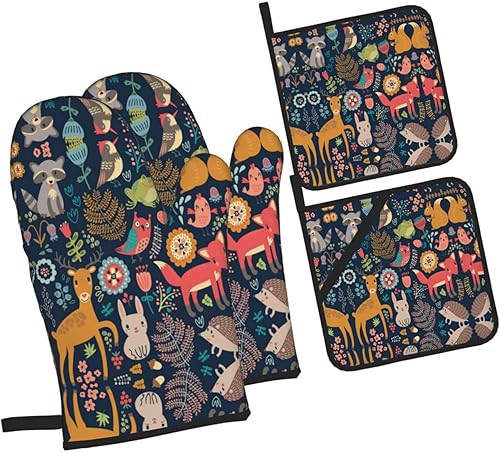 Miniatura 2 de Manoplas de horno y soportes para ollas, diseño de búho, ciervo, erizo, zorro, juego de 4 guantes de horno resistentes al calor con guantes de horno