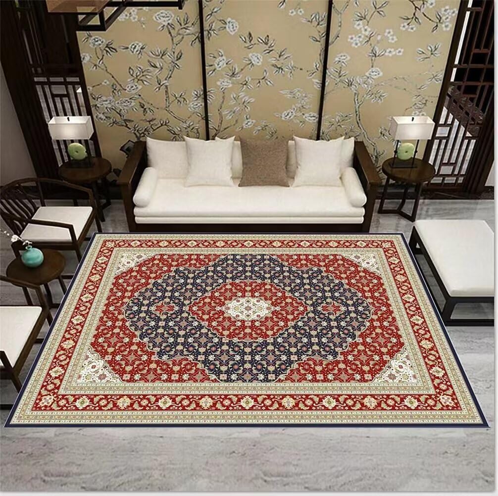 Tapis motif floral rétro rouge 50x80cm lavable et design unique