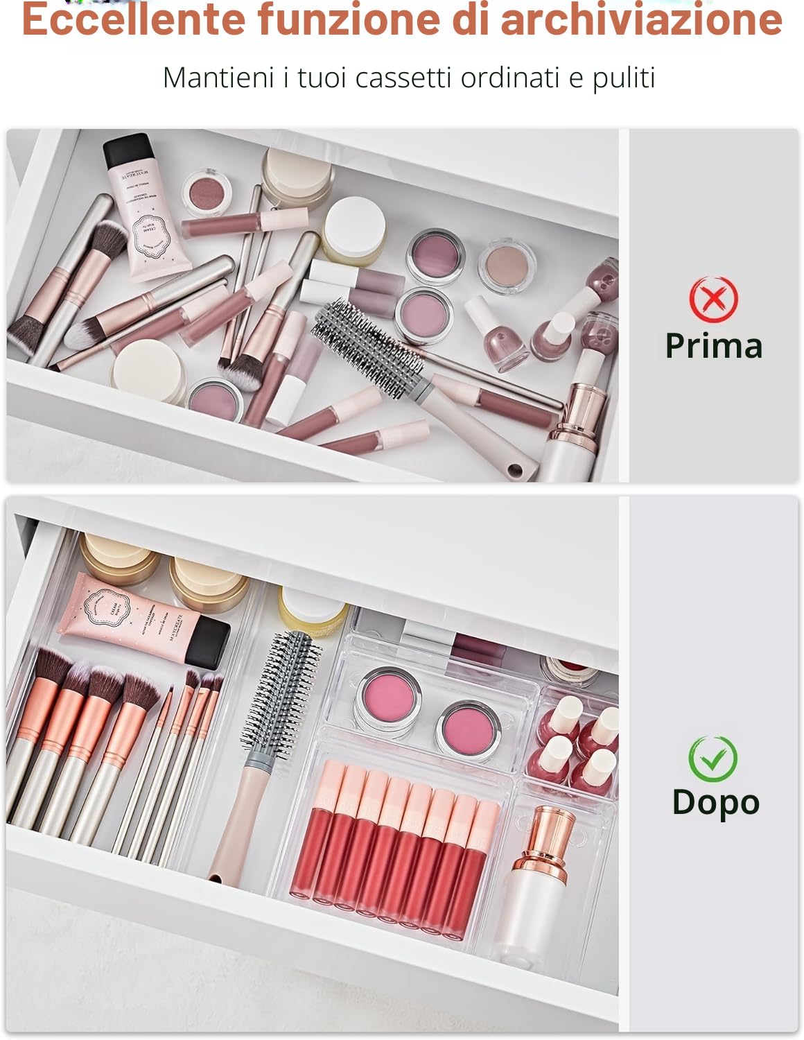 Collazoey 30 Organizer per cassetti trasparente con scatola,4 dimensioni Organizzatore per toeletta, organizer trasparente antiscivolo per trucchi per bagno, cosmetici, toeletta, cucina, ufficio