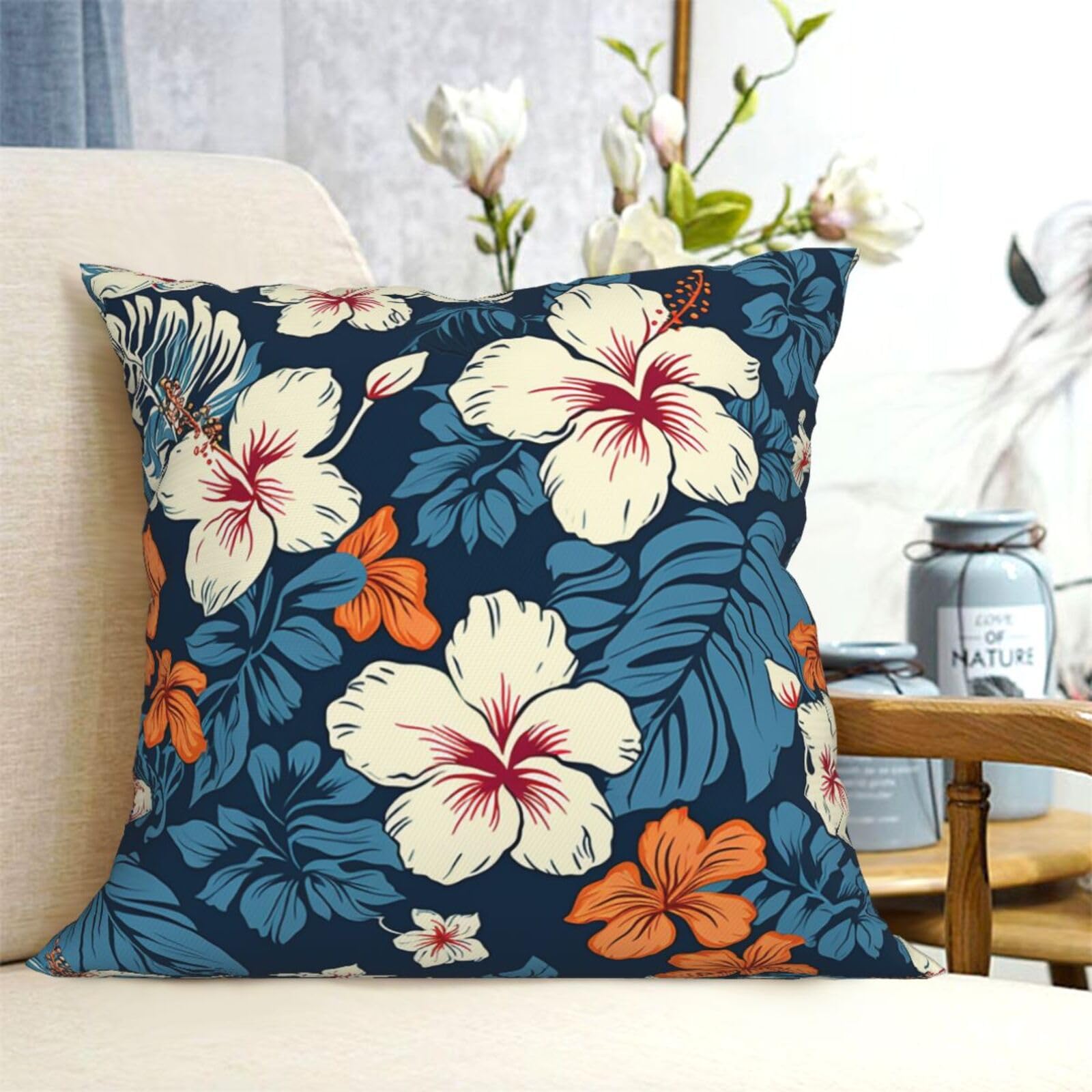 Fodpand Black Decorative Throw Pillow Covers 18"X18" Hawaii Flower Cushion Cases Square Modern Farmhouse Pillow Cases Soft Cozy Cushion Covers For Couch Sofa Bedroom Home Decor Pillowcase