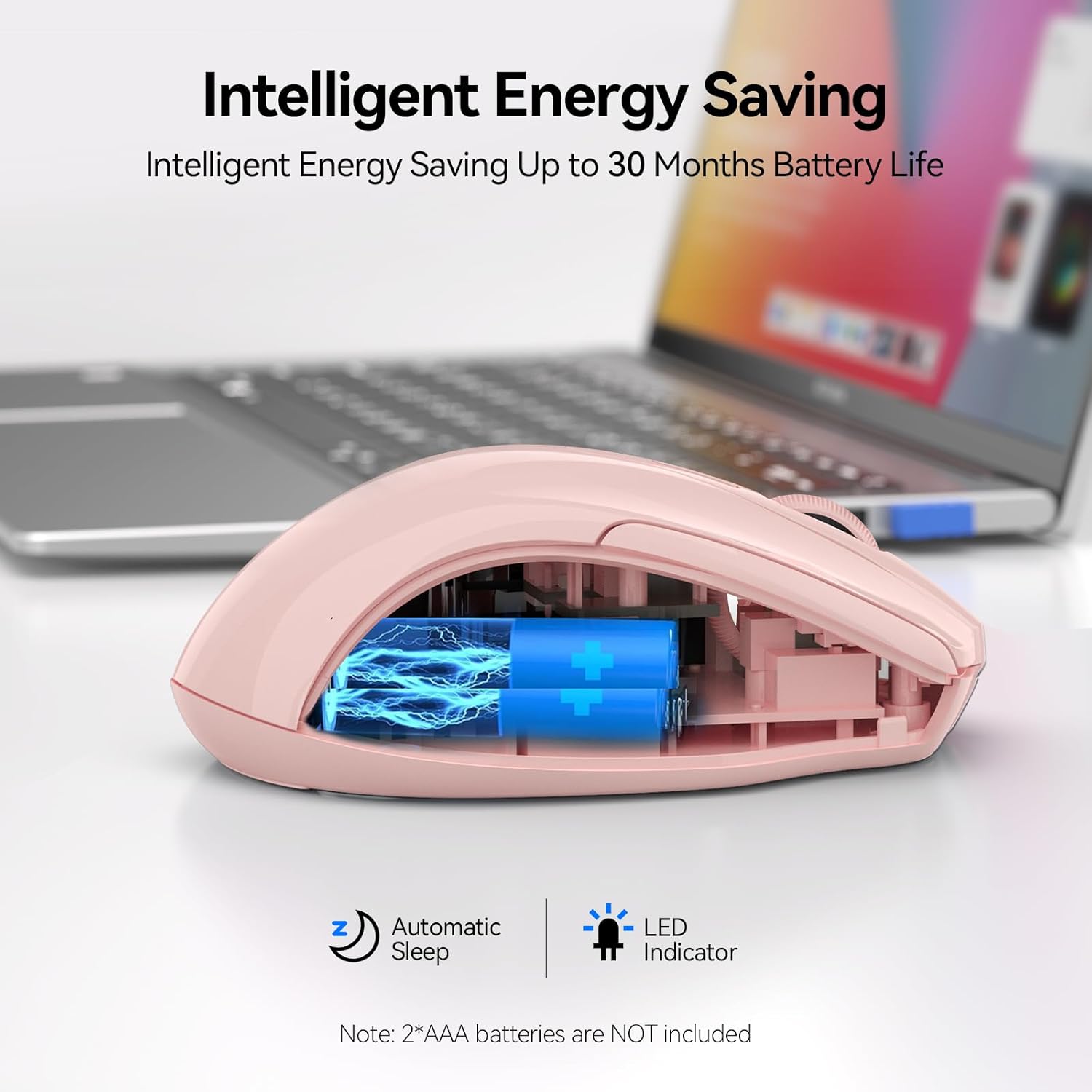 Underside of TECKNET Wireless Mouse showing battery compartment with two AAA batteries