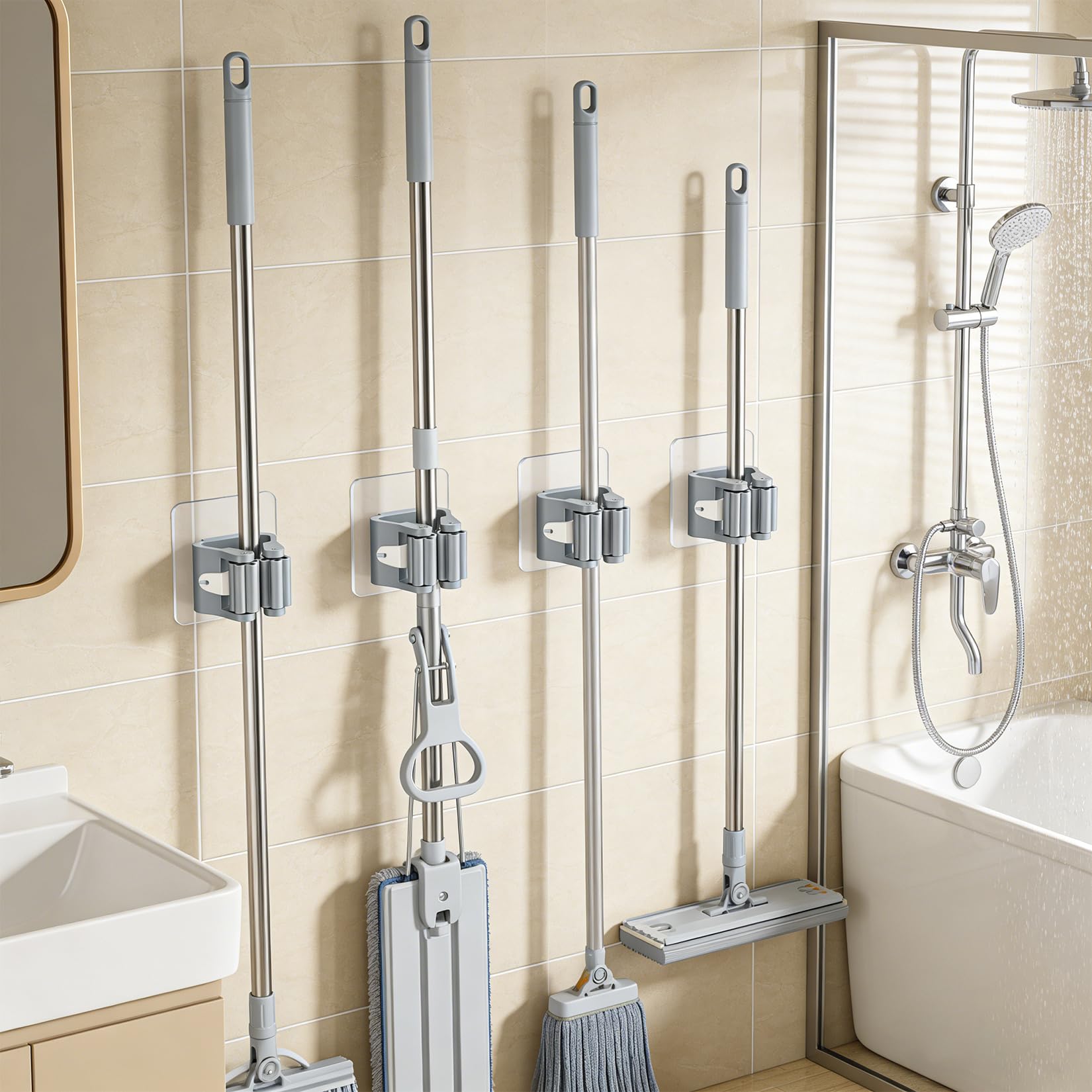 Soporte de pared para escoba, paquete de 4 soportes para fregona y escoba, de plástico, para pared, gris, organizador ahorrador de espacio para cocina, lavandería, garaje, jardín, fácil de instalar — view 6