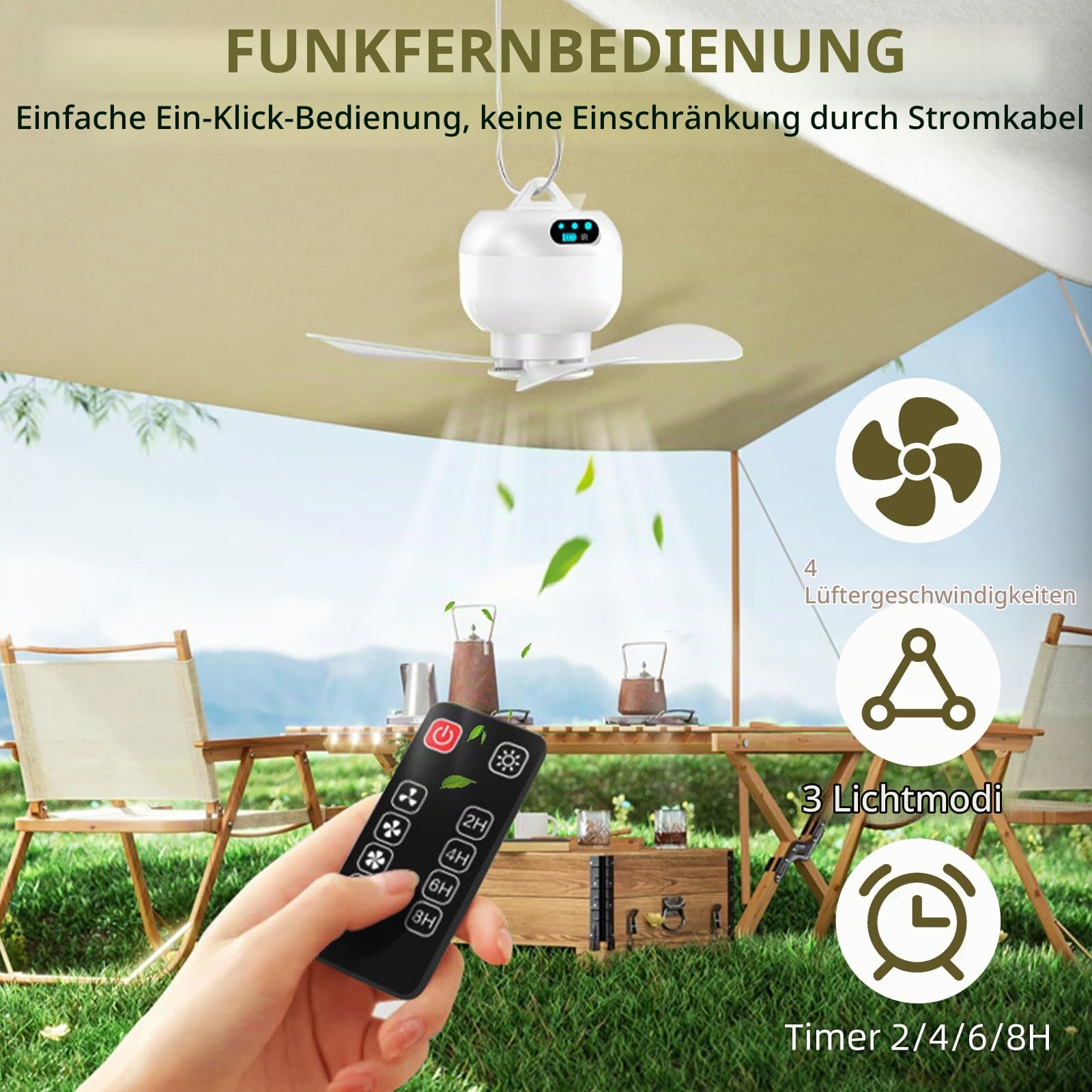 Roadtime 6000 mAh Camping Ventilator, Mini USB Ventilator mit RGB LED&Haken