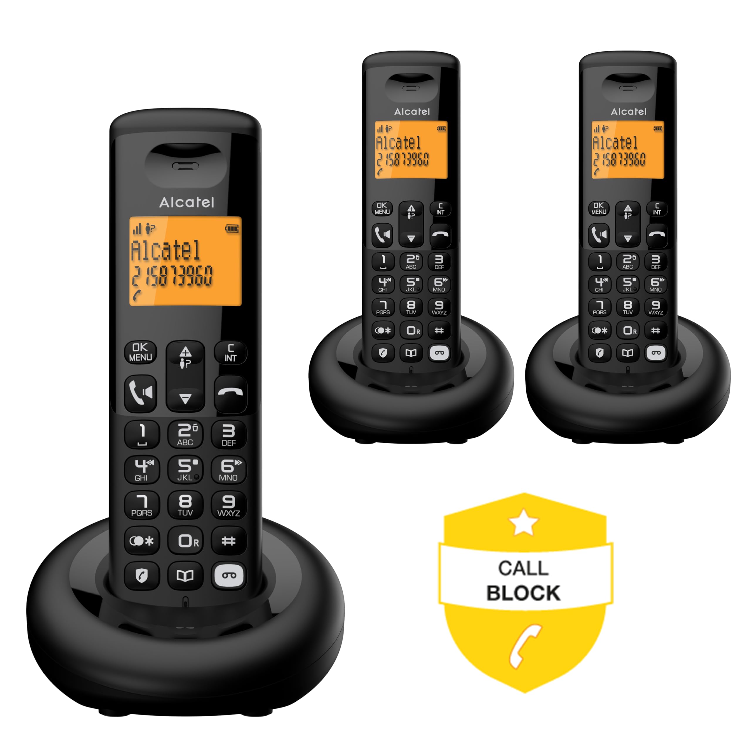 Alcatel E260 S.Voice Trio - Teléfono inalámbrico DECT con contestador con 3 teléfonos: diseño Compacto, Pantalla retroiluminada Grande, función Manos Libres, Bloqueo de Llamadas no deseadas
