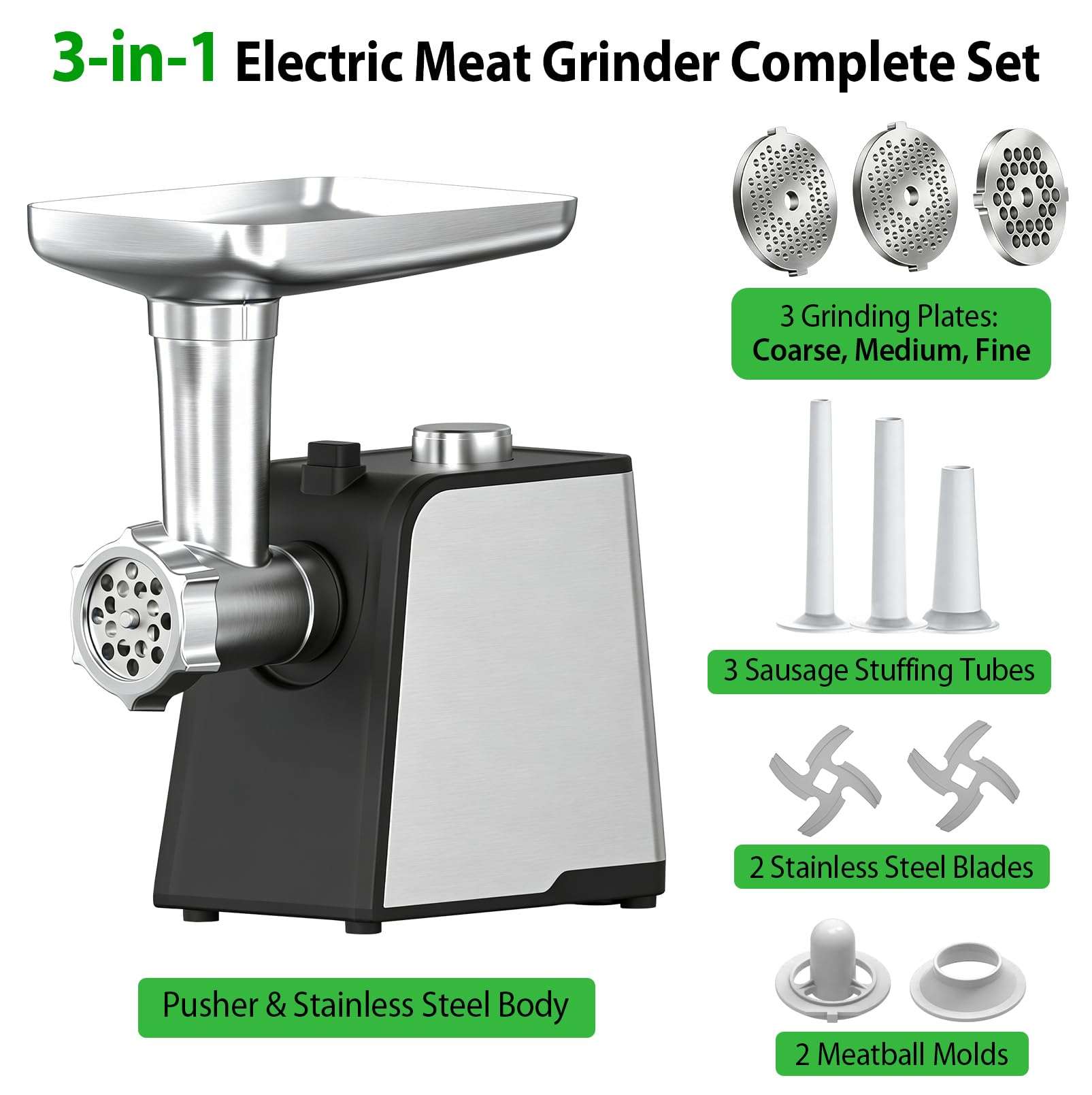 Picadora de Carne Eléctrica 3 en 1 con Embutidora de Salchichas | Picadora de Carne 3200W de Acero Inoxidable, Máquina de Salchichas con 3 Tubos de Relleno, 3 Placas de Corte, 2 Cuchillas