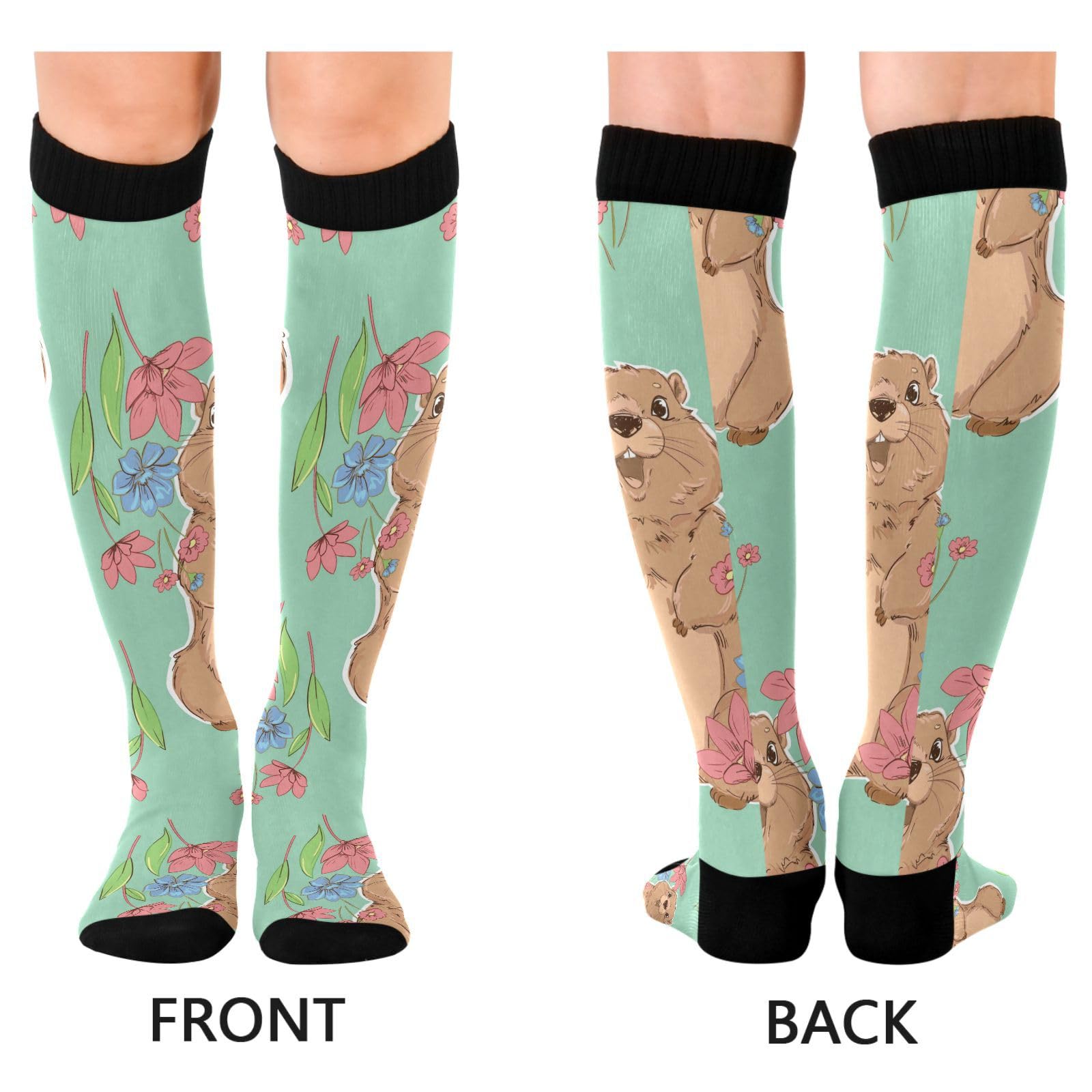 Dussdil Happy Groundhog Flowers Compression Socks for Women Men Christmas Circulation Long Knee Socks for Winter Warm Stockings Socks