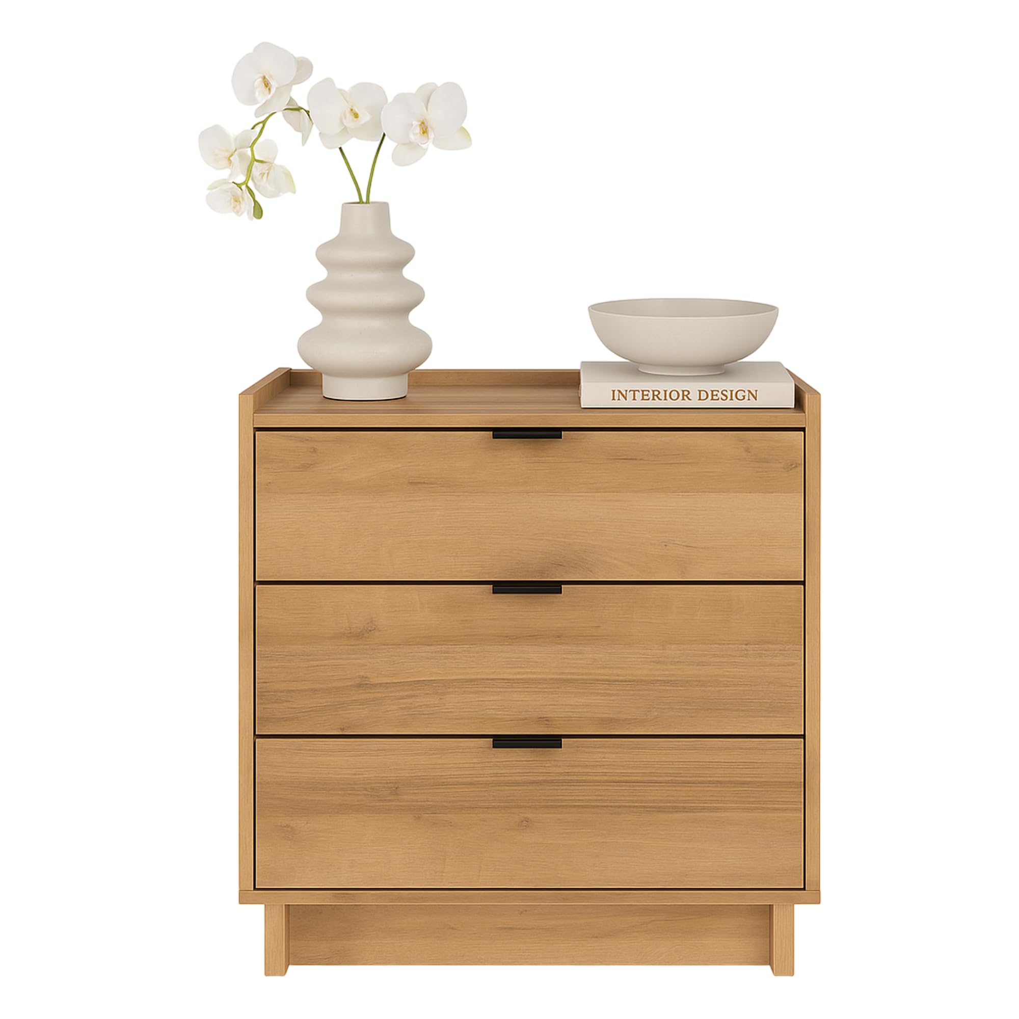 Prepac Simply Modern Nightstand Bedside Table, Natural Oak Nightstand for Bedroom, End Table with 3 Drawers 26.5" W x 26.75" H x 16" D