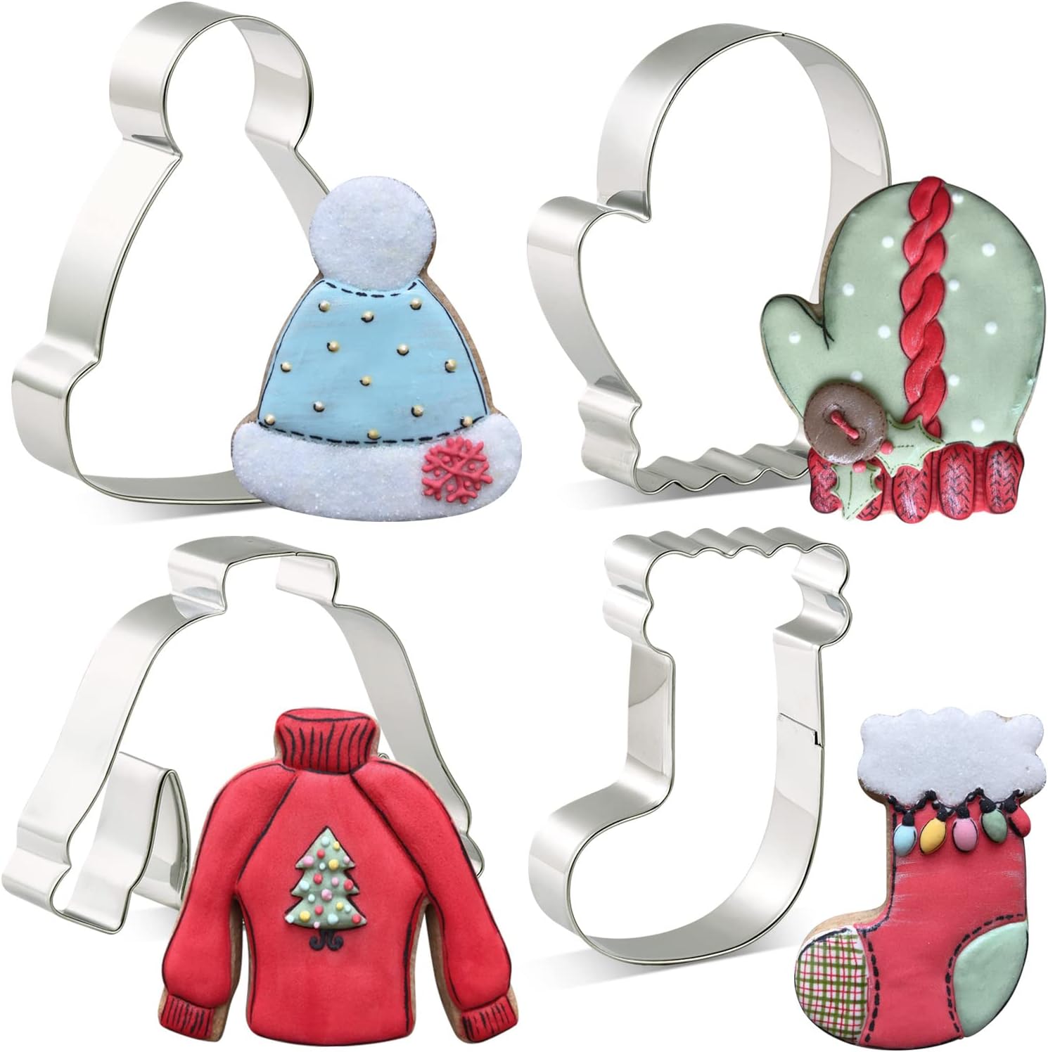 KENIAO Winter Holiday Cookie Cutter Set for Christmas - 4 Piece - Ugly Sweater, Stocking, Hat and Mitten Fondant Biscuit Cutters - Stainless Steel