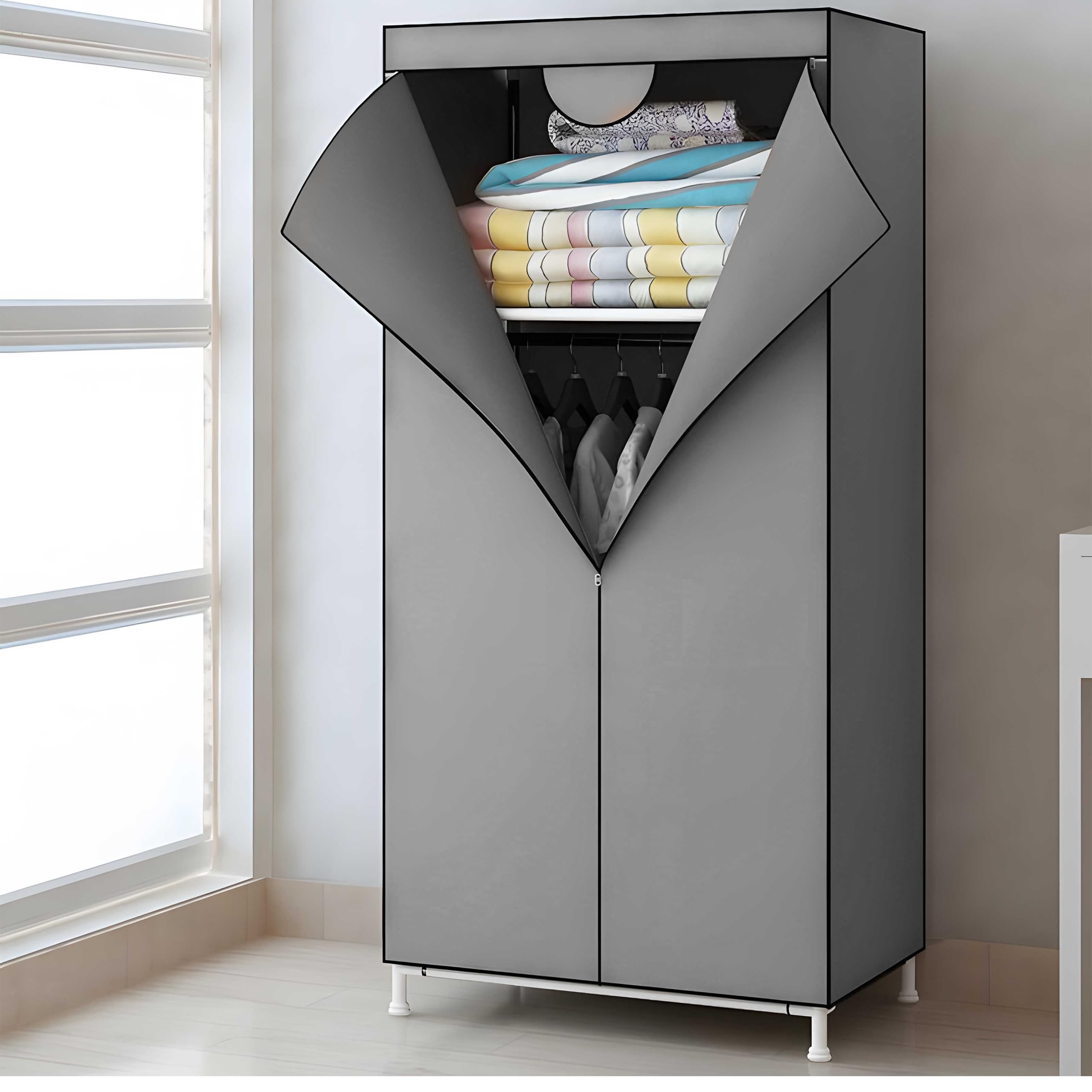Retoo Kleiderschrank Aus Stoff, Stoffkleiderschrank, Faltschrank, Reißverschluß, Stoff, Kleiderständer, Aufbewahrung für Taschen, Spielzeug,Schuhe Graue, Farbe