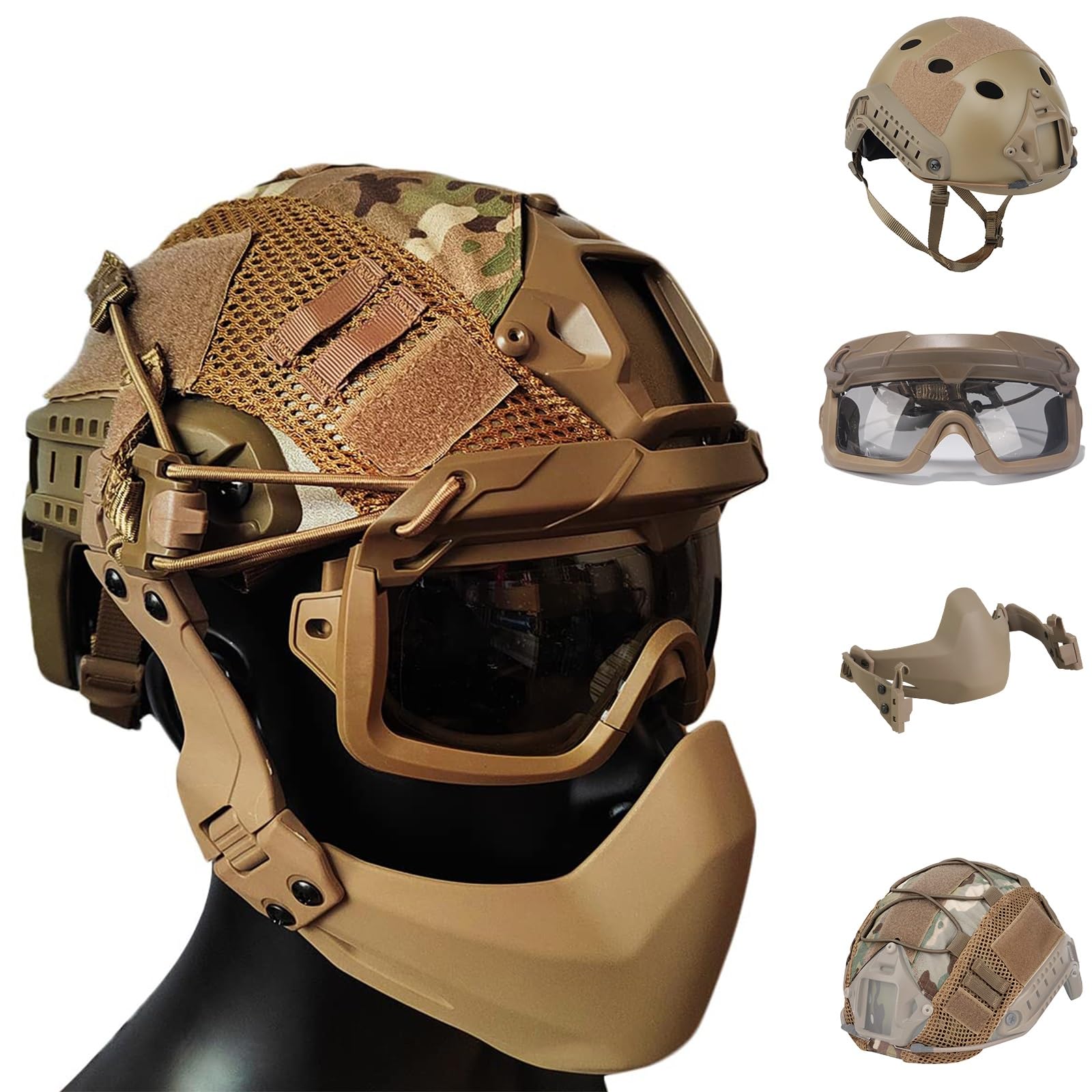 Set Casco Tattico da Softair Con Maschera da Paintball Regolabile Occhiali e Copricasco per Giochi di Sopravvivenza All'aperto