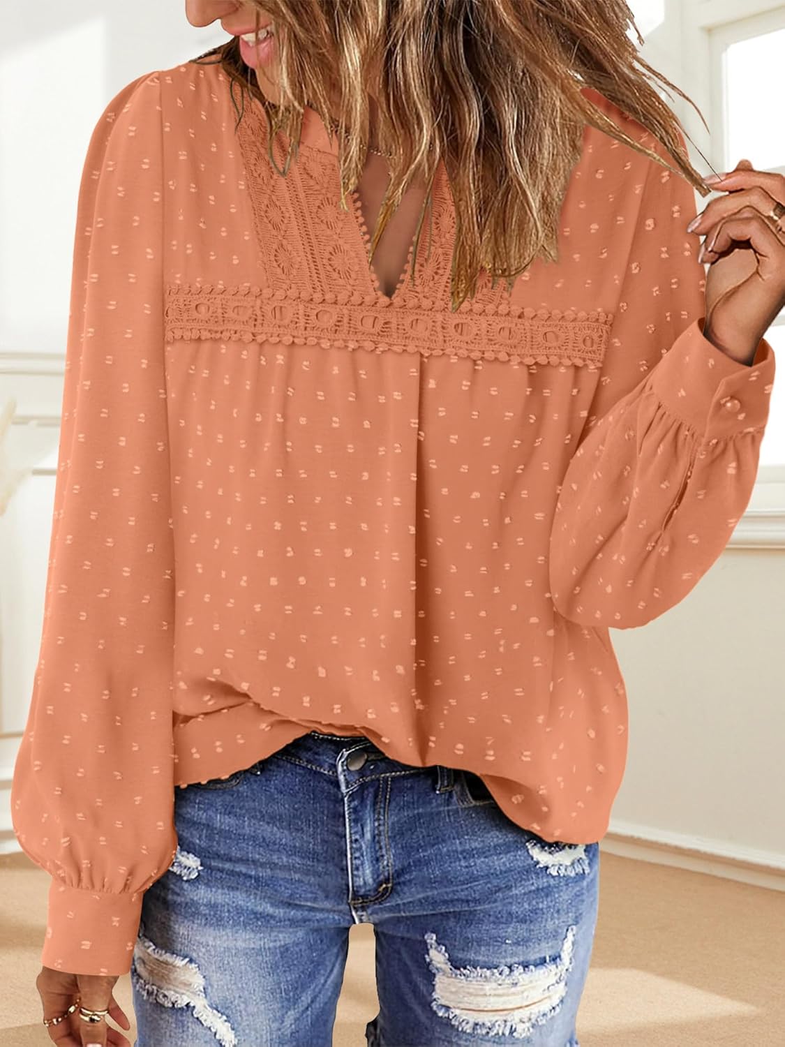 BETTE BOUTIK Womens Boho Fall Fashion Tops Long Sleeve Casual Shirts Flowy Swiss Dot Blouses - Image 3