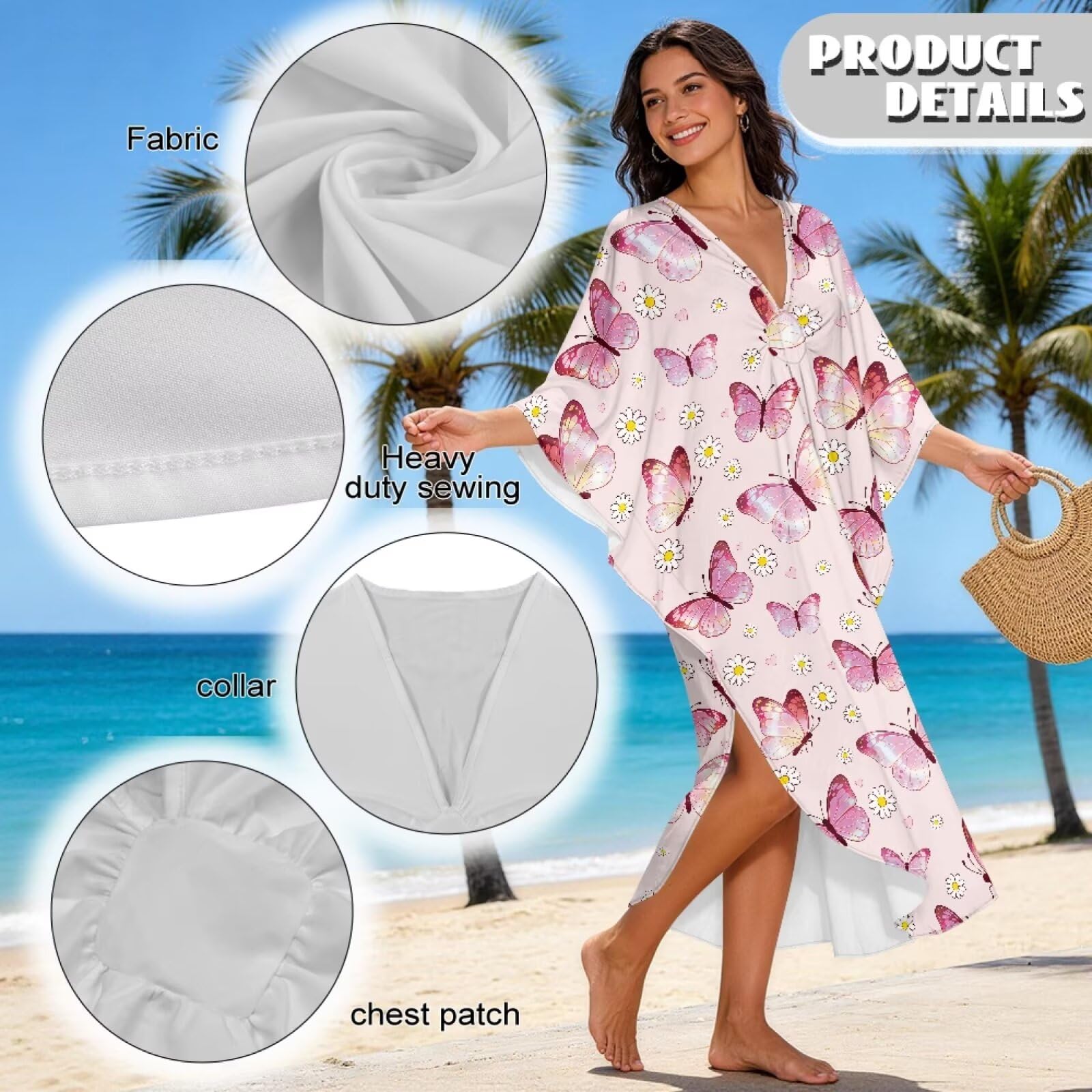 Abito caftano estivo da donna, copricostume da bagno con scollo a V, maniche a pipistrello, abiti da caftano