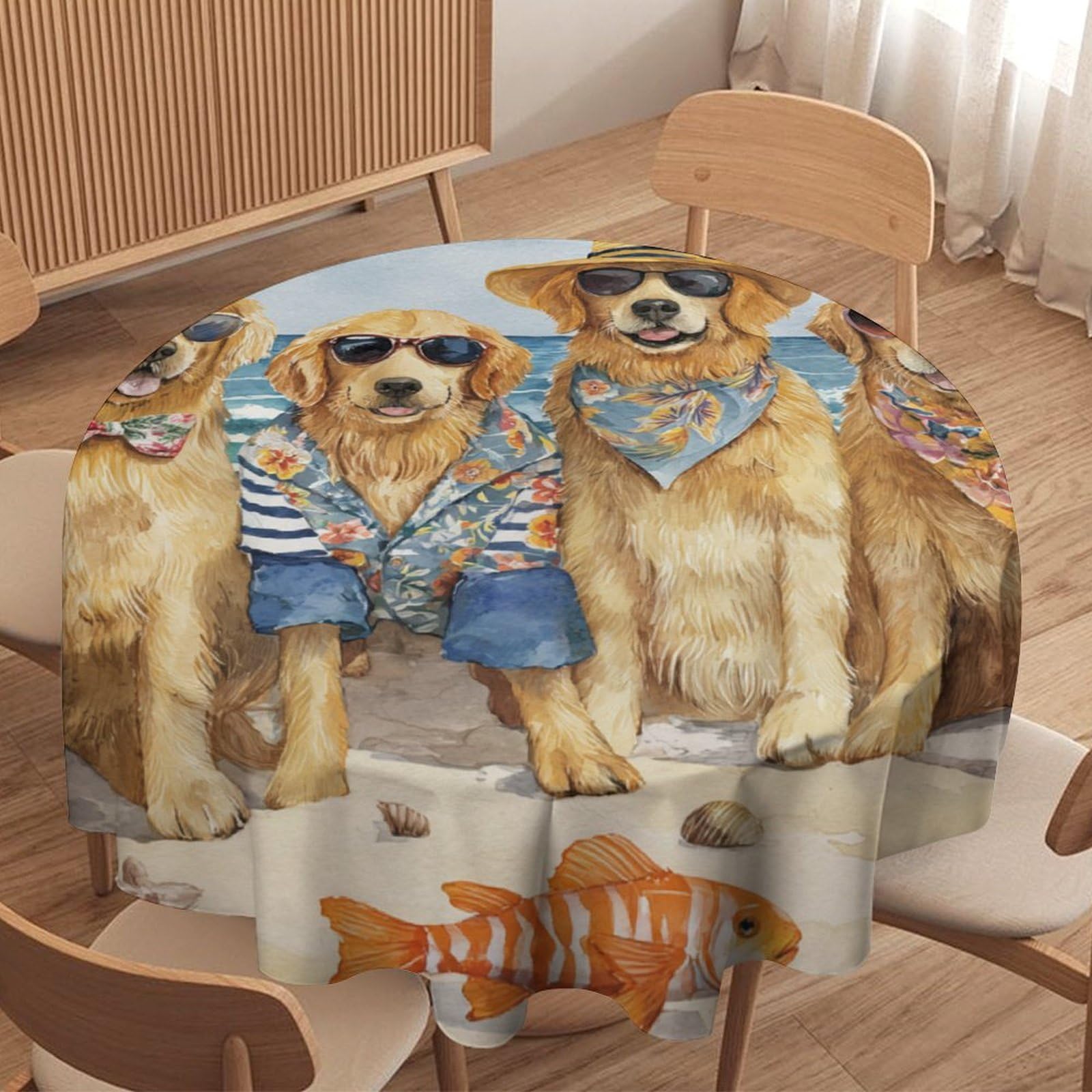 LUYYSKY Realistic Oil Painting Cute Dogs Waterproof Round Tablecloth Classic Nautical Summer Beach Palm Trees Animals Puppies Fish Floral Washable Table Cover for Kitchen-127 Wx127 L cm