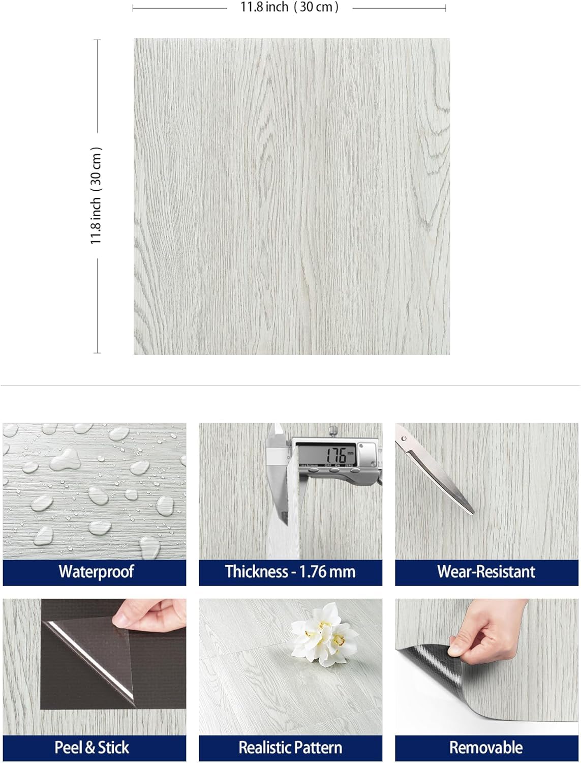 Carrelage Adhésif Sol FunStick - PVC Blanc Mat, 30x30cm, Imperméable, Pour Salle De Bain