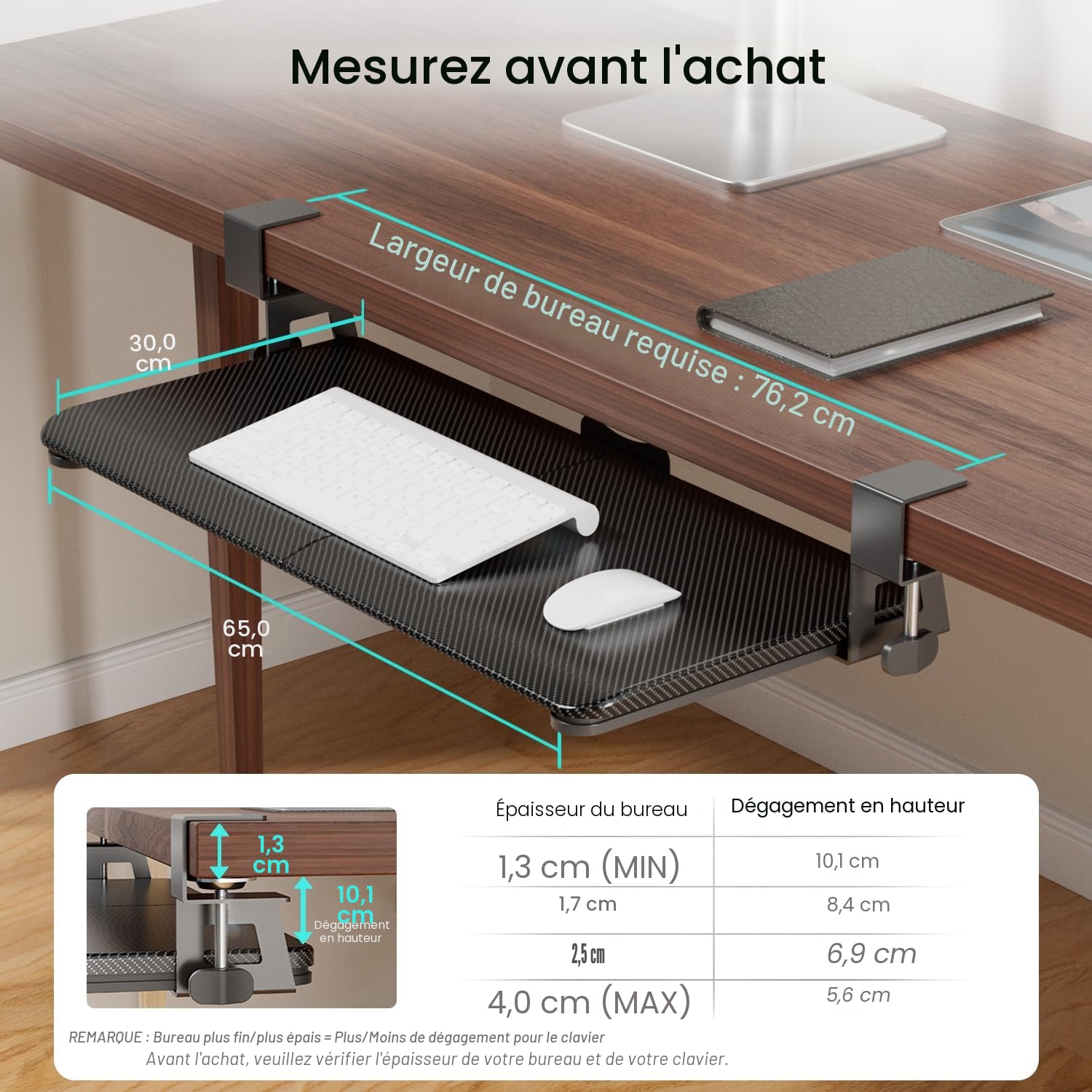 NearHub Grand plateau de clavier coulissant sous le bureau avec système de fixation en C extra robuste, 66 cm (76 cm y compris les pinces) x 27,9 cm, plateforme coulissante stable pour écrire