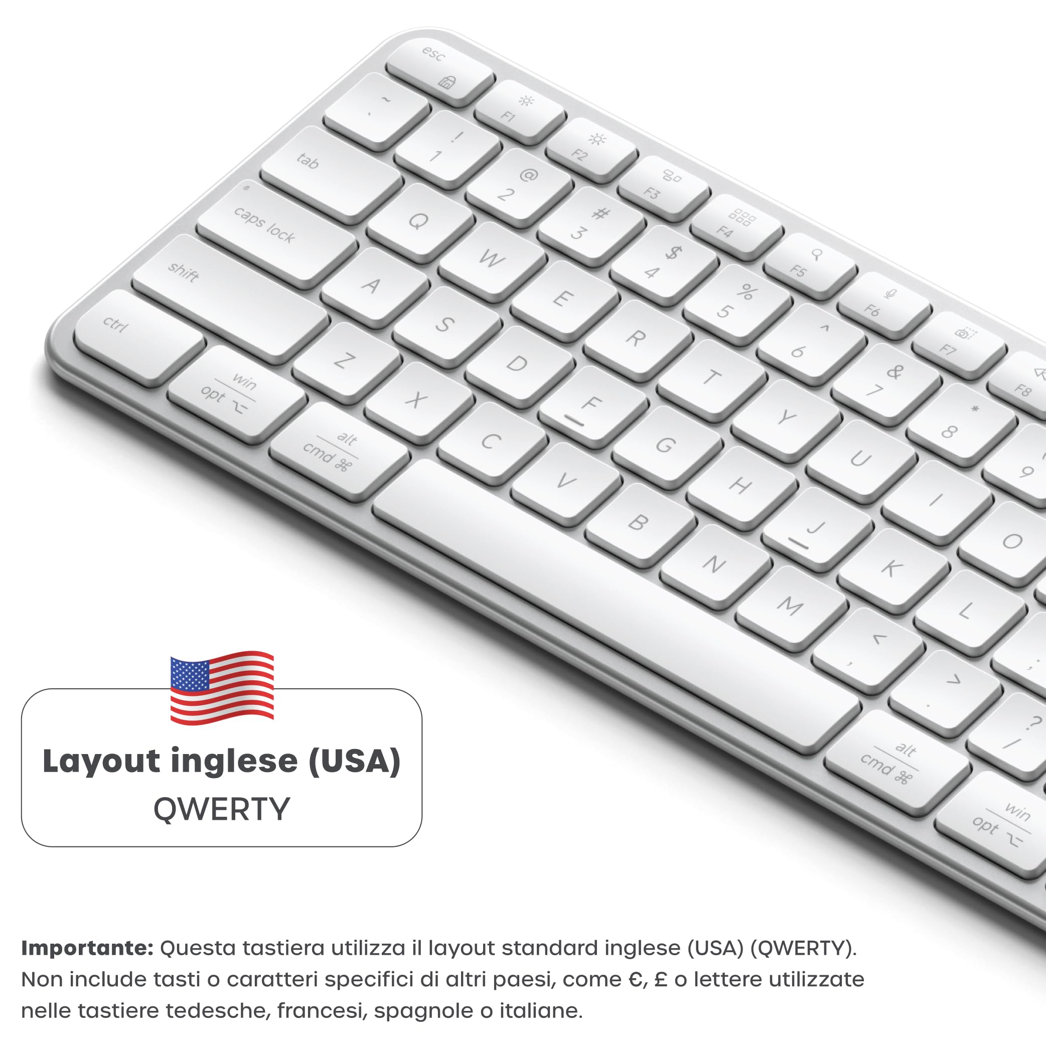 Satechi Tastiera con Cavo Slim LX3 𝗤𝗪𝗘𝗥𝗧𝗬 𝗨𝗦, Formato Completo con Tastierino Numerico, USB-C, Tasto per Cambio Sistema Operativo, per Mac, Windows e Android – Argento