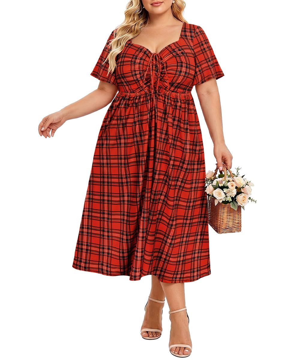 CARCOS Plus Size Dresses for Curvy Women Tie Sweetheart Neck Summer Maxi Dress Short Sleeve Empire Waist Floral Boho Dress