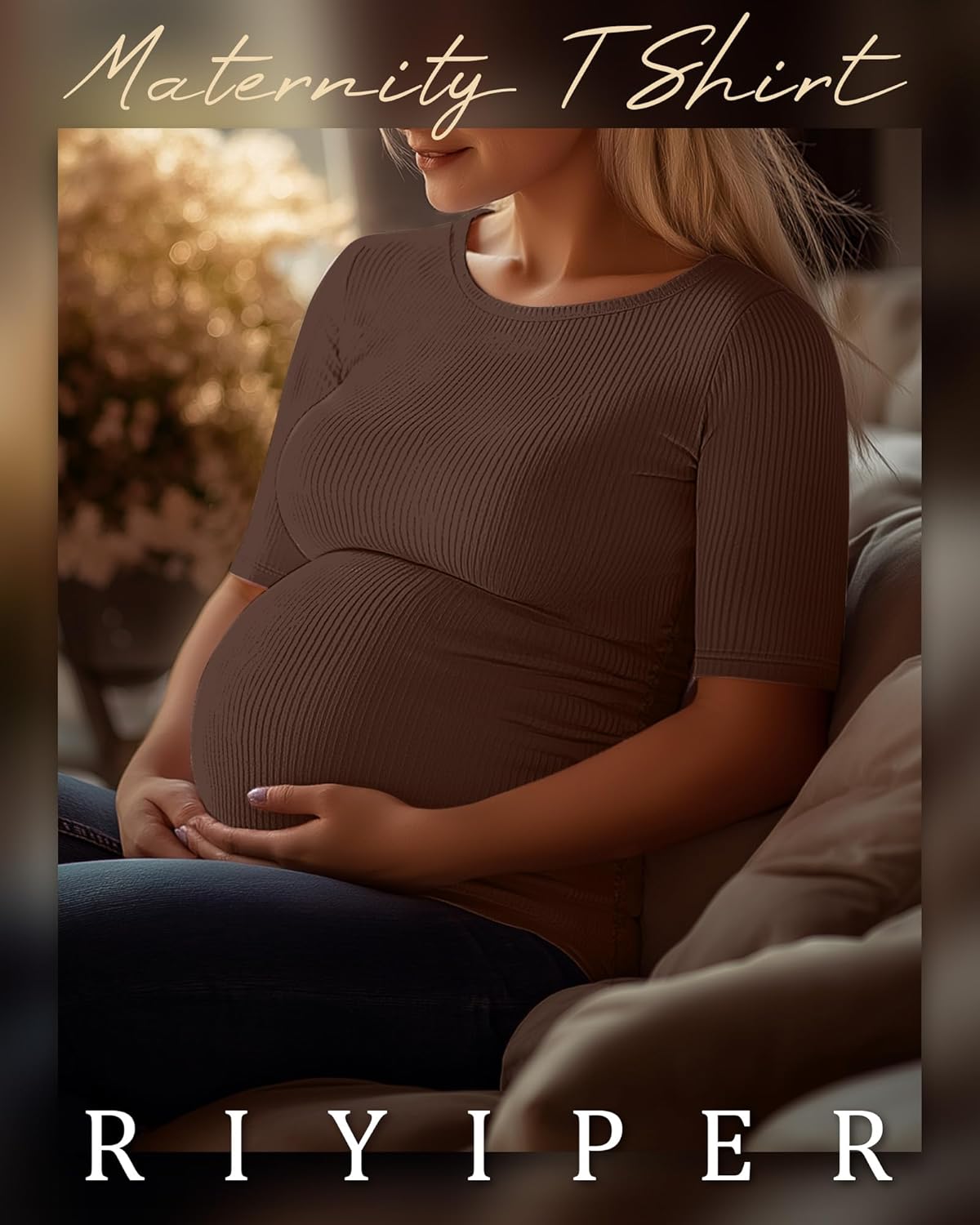 Riyiper 3 Pack Women's Maternity Cotton T Shirt Ribbed Half Sleeve Tunic Round Neck Side Ruched Tops Casual Pregnancy Clothes