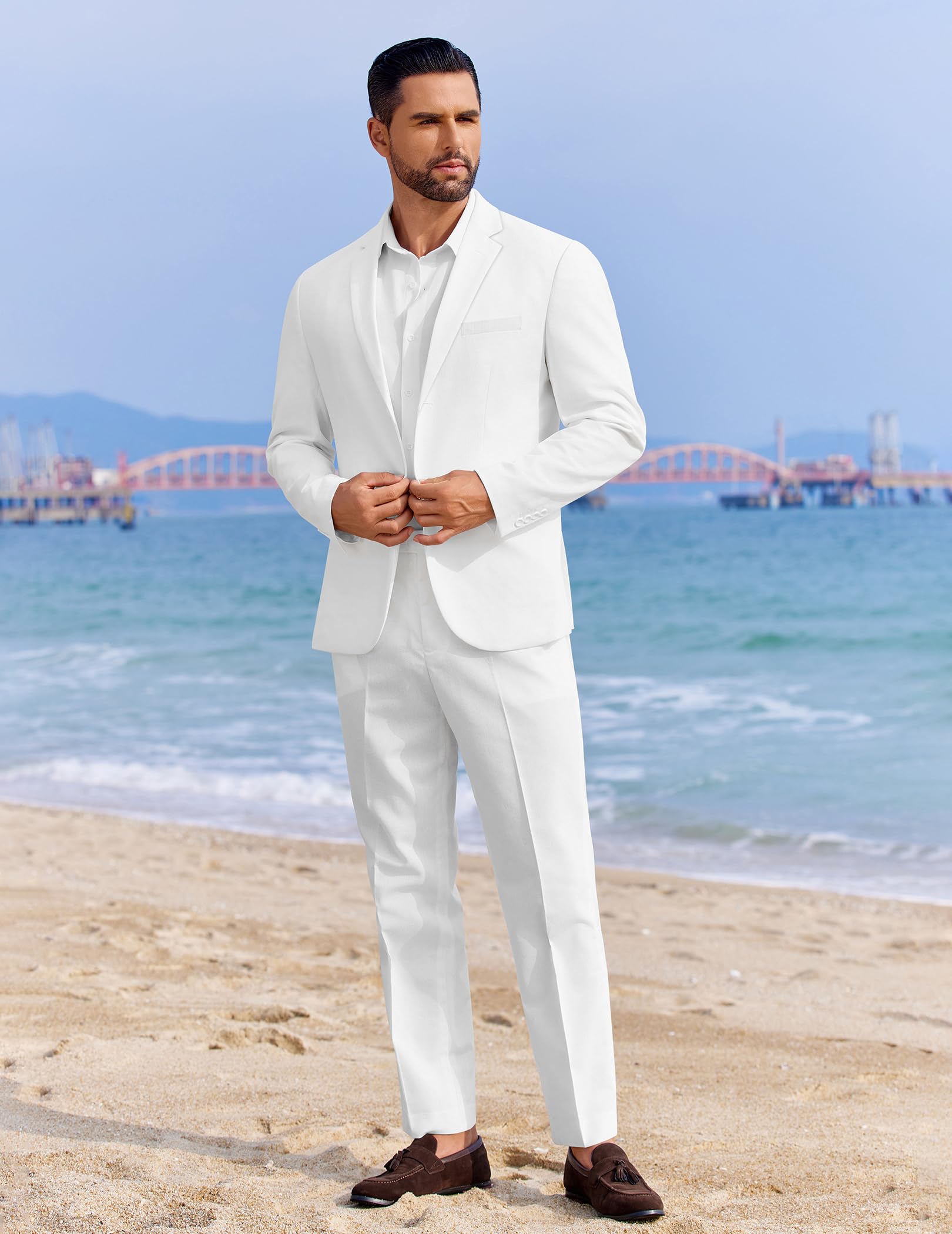 COOFANDY Completo da uomo in lino da 2 pezzi, vestibilità regolare, casual, leggero, estivo, spiaggia, matrimonio