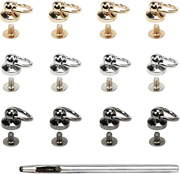 Leather Rivets 12 PCS Brass Ball Studs Screw Rivets, 360 Degree Rotatable D Ring for Purse Hardware for Bag Making Handbag Phone Case Belt DIY, Leather Craft Accessories- 3 Color