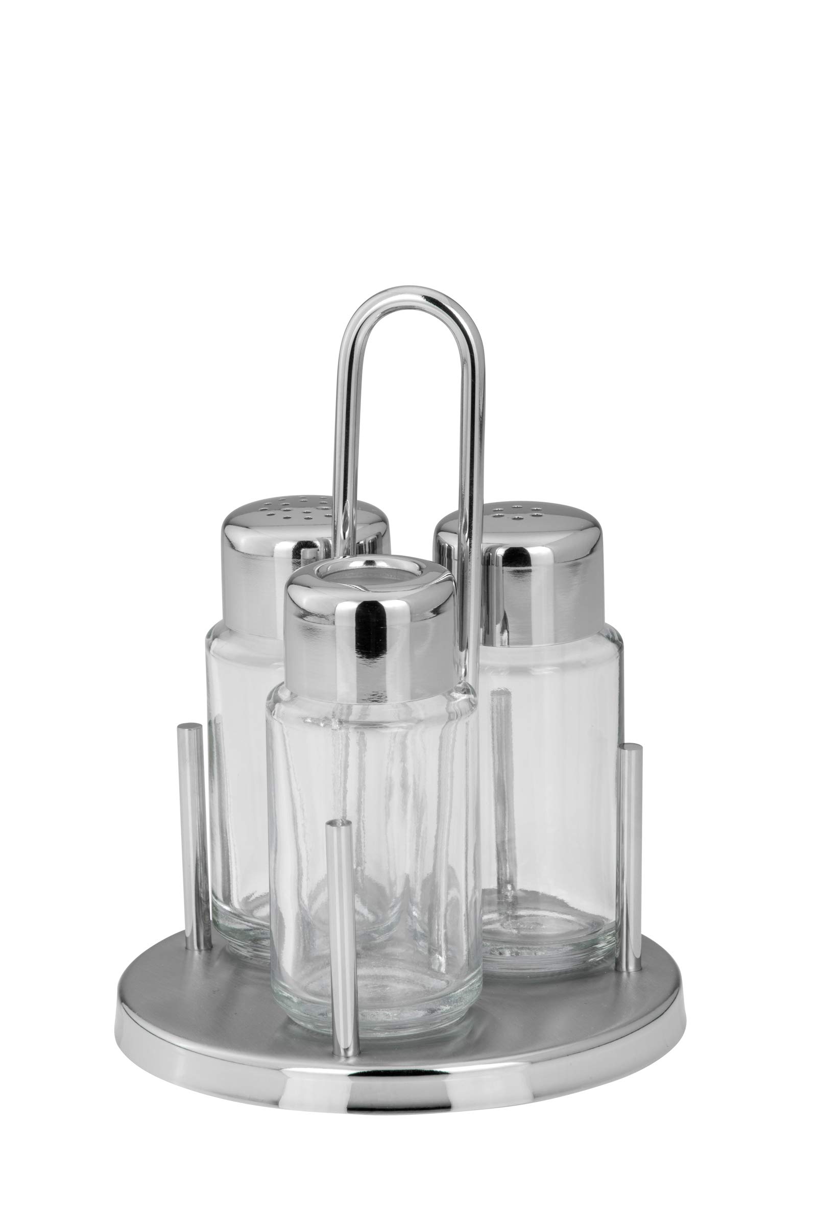 Salz, Pfeffer & Zahnstocher - Menage Set 3-teilig, je Flasche: H 8,5cm D 4,0cm, 50ml, Glas/Edelstahl, Gesamt: D 11,0cm H 15,0cm