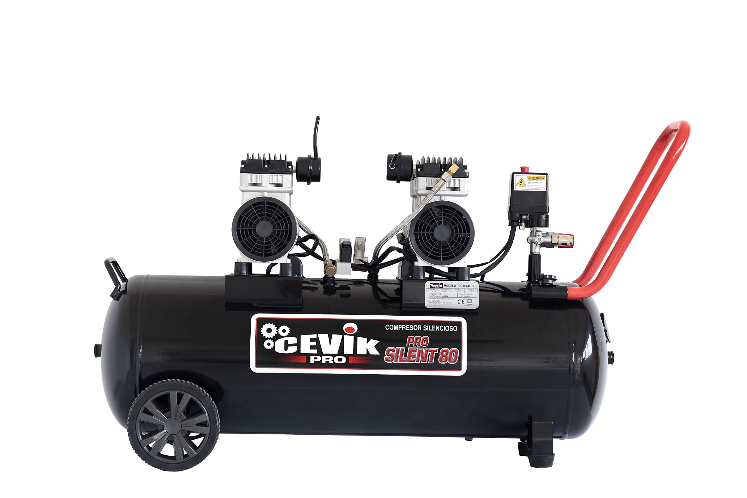CEVIK PRO - CA-PRO6SILENT - Compressore d'Aria Silenzioso - 62 dB - Capacità 6 Litri - Motore 1HP - Pressione Max 8 Bar - Portata 110 l/min - Senza Olio - Senza Manutenzione - Compatto e Portatile