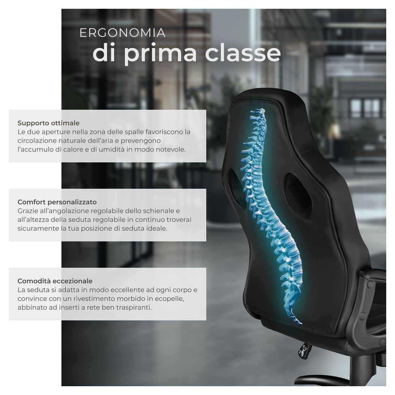 tectake® Sedia da Ufficio Ergonomica, Poltrona Gaming con Rivestimento in Similpelle, Regolabile in Altezza, Rotazione a 360 Gradi, Base Stabile con 5 Rotelle, Design Sportivo - Nero