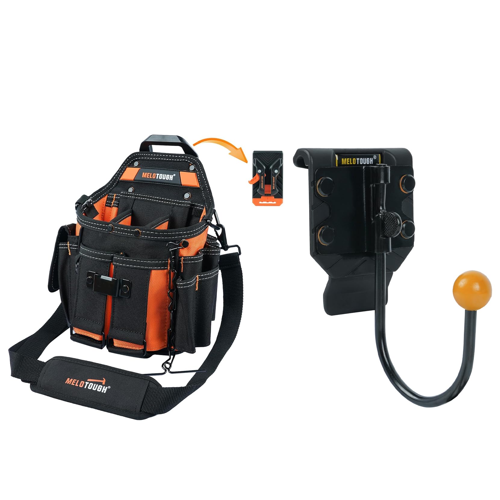 MELOTOUGH Electrician Tool Pouch Bag with Shoulder Strap Professional 16 Pockets Tool Pouch with Belt Clip,Tool Belt Hook,Tool Holster,Drill Belt Holder,Cordless Drill Holster Single