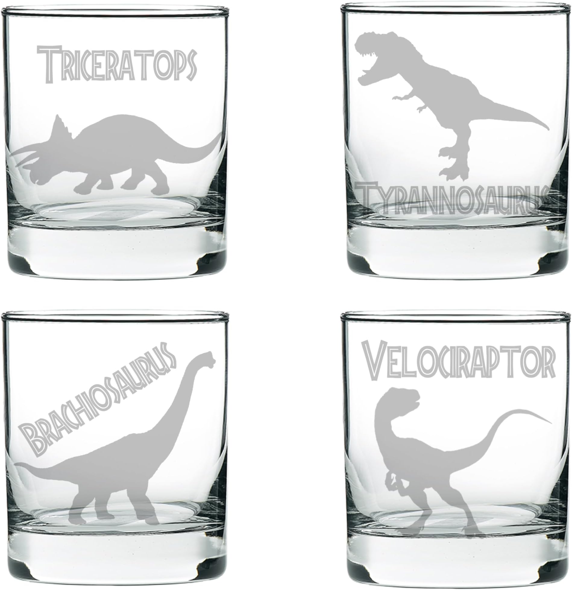 Brindle Southern Farms Dinosaur Gift Set Whiskey Glass Set of 4: ENGRAVED T-Rex Glass, Brachiosaurus, Velociraptor, Triceratops, Jurassic Dinosaurs Gift for Adults Birthday Paleontologist Gifts