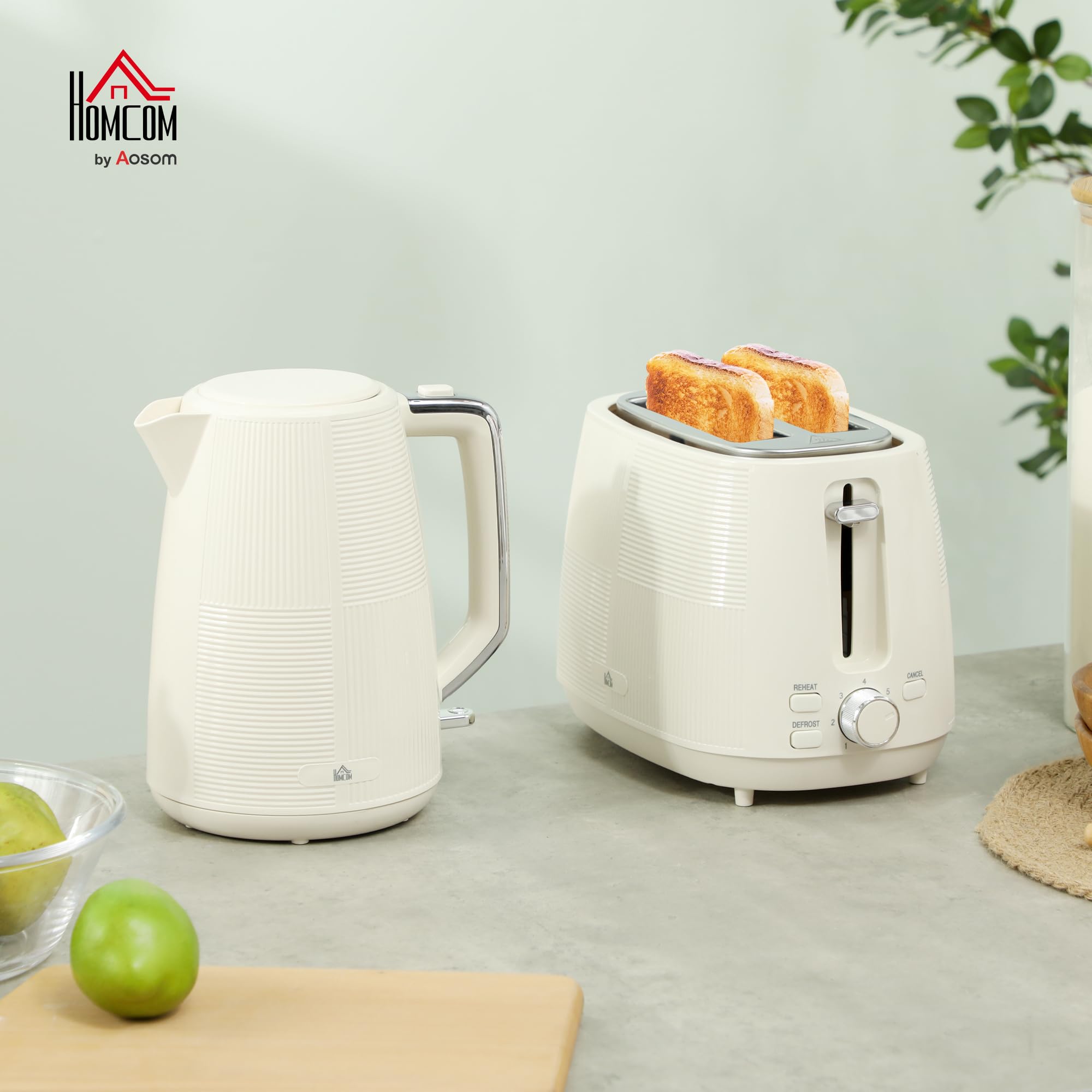 HOMCOM Juego de Tostador y Hervidor 2200W Hervidor de Agua Eléctrico de Acero Inoxidable 1,7L Tostadora Pan Ranura Ancha para 2 Rebanadas 3 Funciones Crema