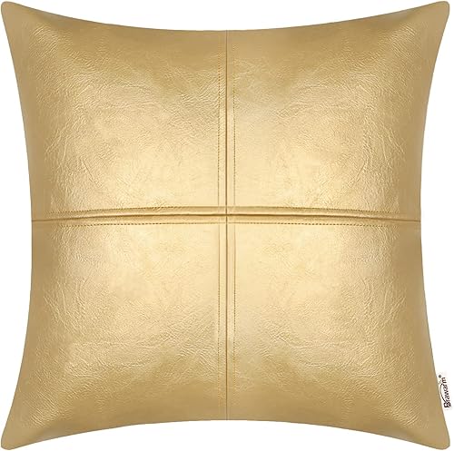 BRAWARM Fundas de almohada de piel sintética de 22 x 22 pulgadas, funda de almohada de cuero dorado, funda de almohada decorativa de cuero cosido a BRAWARM Fundas de almohada de piel sintética de 22 x 22 pulgadas, funda de almohada de cuero dorado, funda de almohada decorativa de cuero cosido a