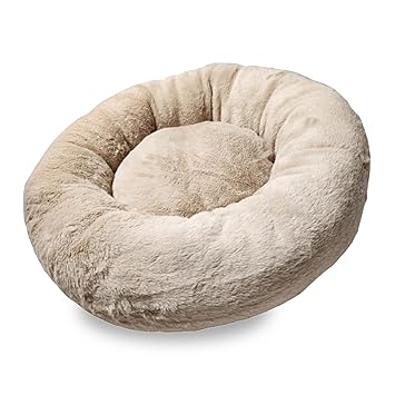 Goofy Tails Donut Dog Bed | Luxurious Recycled Faux Fur Anti-Anxiety Snuggle Round Bed for Dogs | Small-Medium, Beige (76 cm x 76 cms x 21 cms/ 30