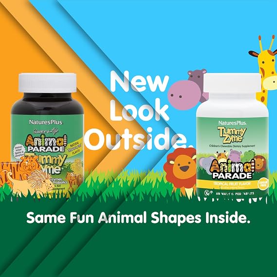 NaturesPlus Animal Parade Tummy Zyme, Tropical Fruit Flavor - 90 Animal-Shaped, Chewable Tablets - Pack of 2 - Digestive Aid & Probiotic - Vegetarian, Gluten Free - 180 Total Servings