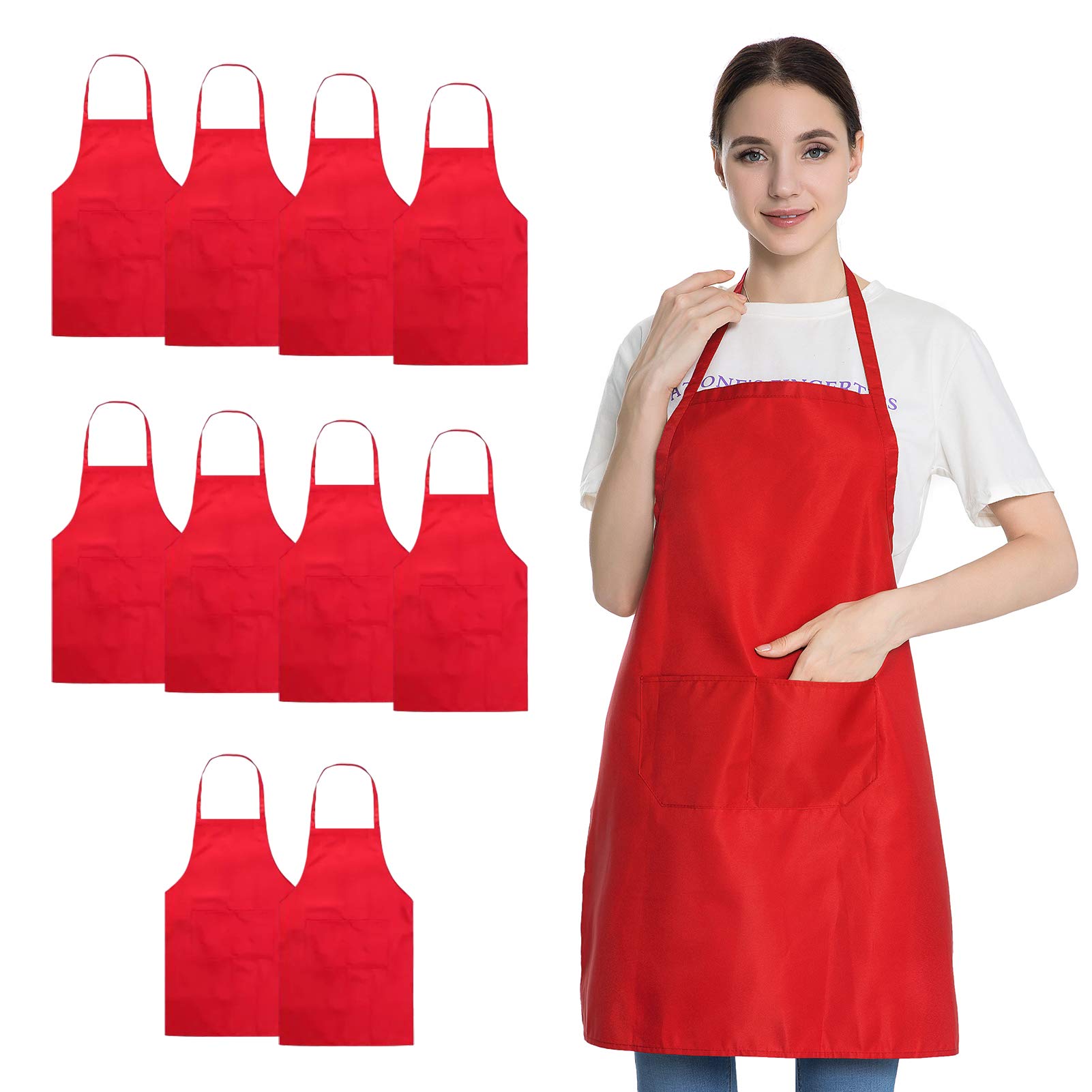 Hi loyaya10 Pieces Red Bib Aprons Bulk with 2 Pockets, Painting Grilling BBQ Cooking Kitchen Aprons Bulk for Women Men Adults (10, Red)
