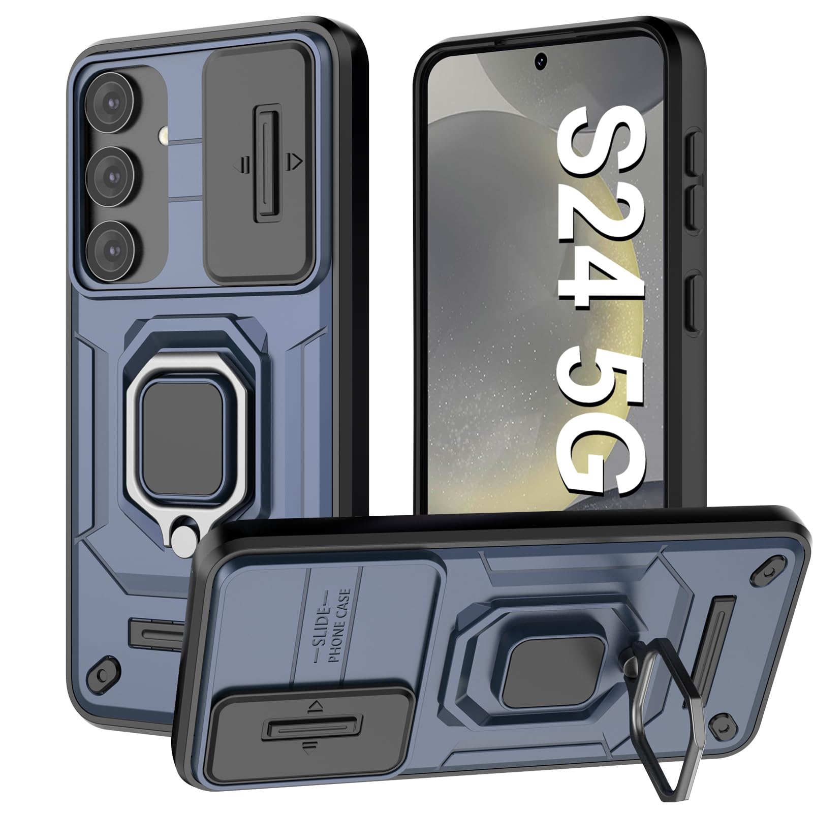 Vanki Hülle für Samsung Galaxy S24: Mit Slide Camera Kameraschutz Schutzhülle Drehbarer Fingerring Ständer Militärqualität Stoßfest Bumper Handyhülle für Samsung S24 Case (Darkblau)