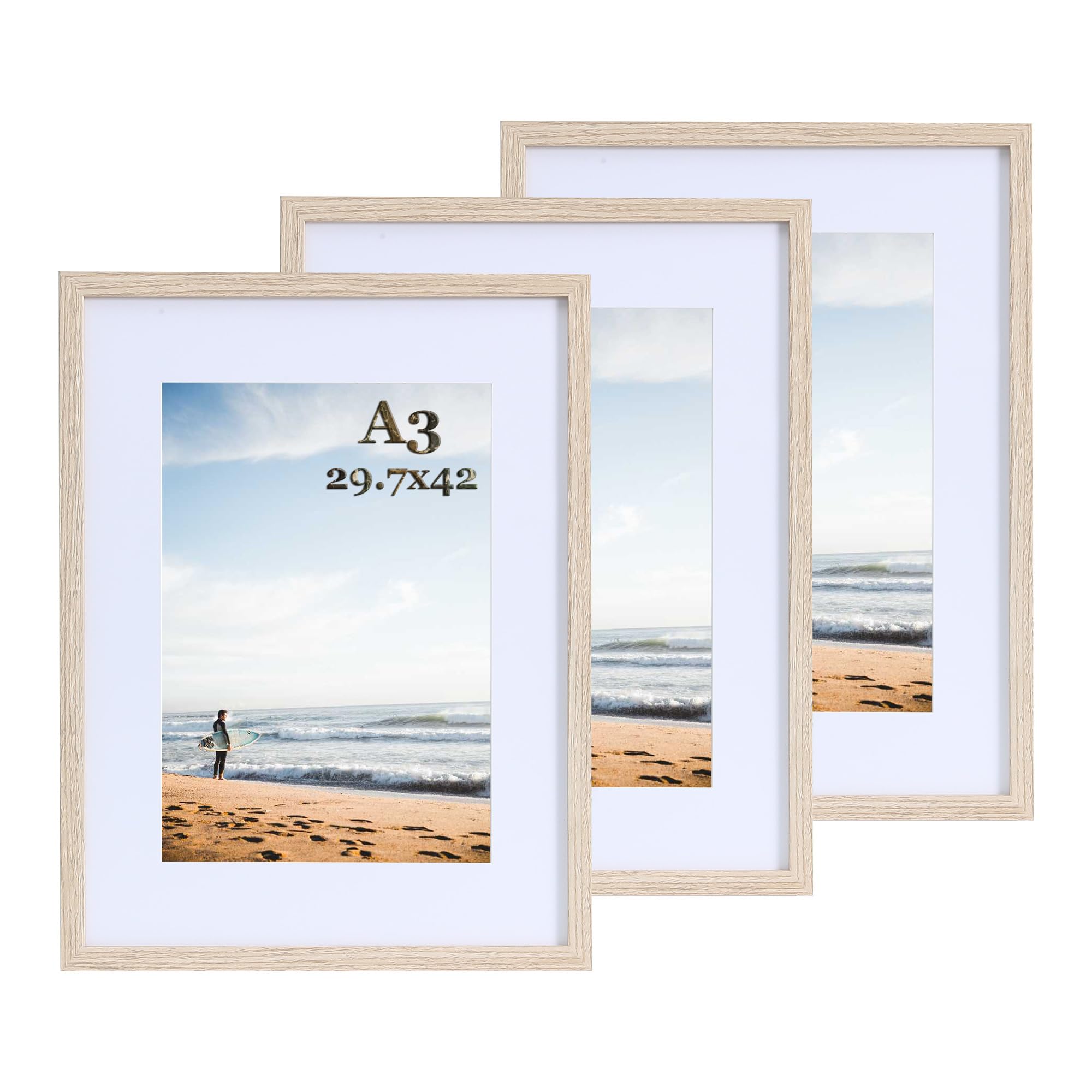 LYYYYX A3 Picture frame 3 Pack wooden Photo Frame matted for A4 Picture,with Acrylic Glass,Wall Hanging poster frame for Display Landscape