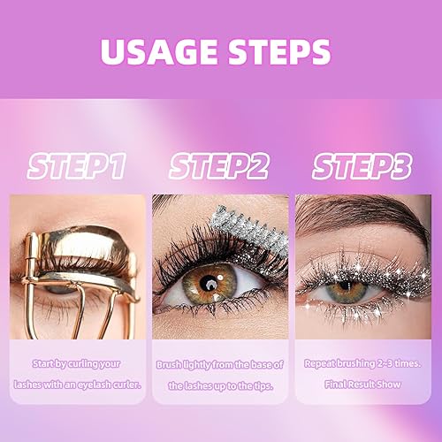 Miniatura 7 de DLZZRS Máscara de pestañas morada para pestañas, máscara colorida de color con purpurina de diamante, máscara de pestañas resistente al agua de