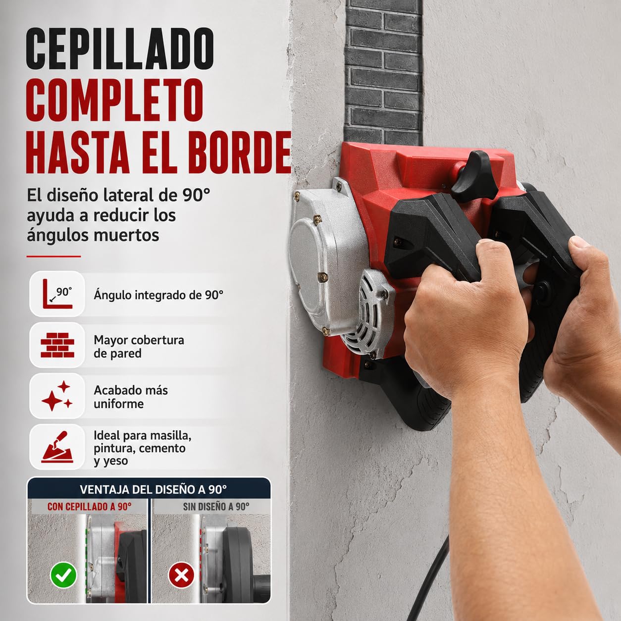 Máquina Eléctrica de Cepillado de Pared, 1680W Molino de Rodillos de Hormigón Molino de Pared Molino de Yeso 4000u/Min, Para Raspar Masilla, Cal, Pintura, Rojo
