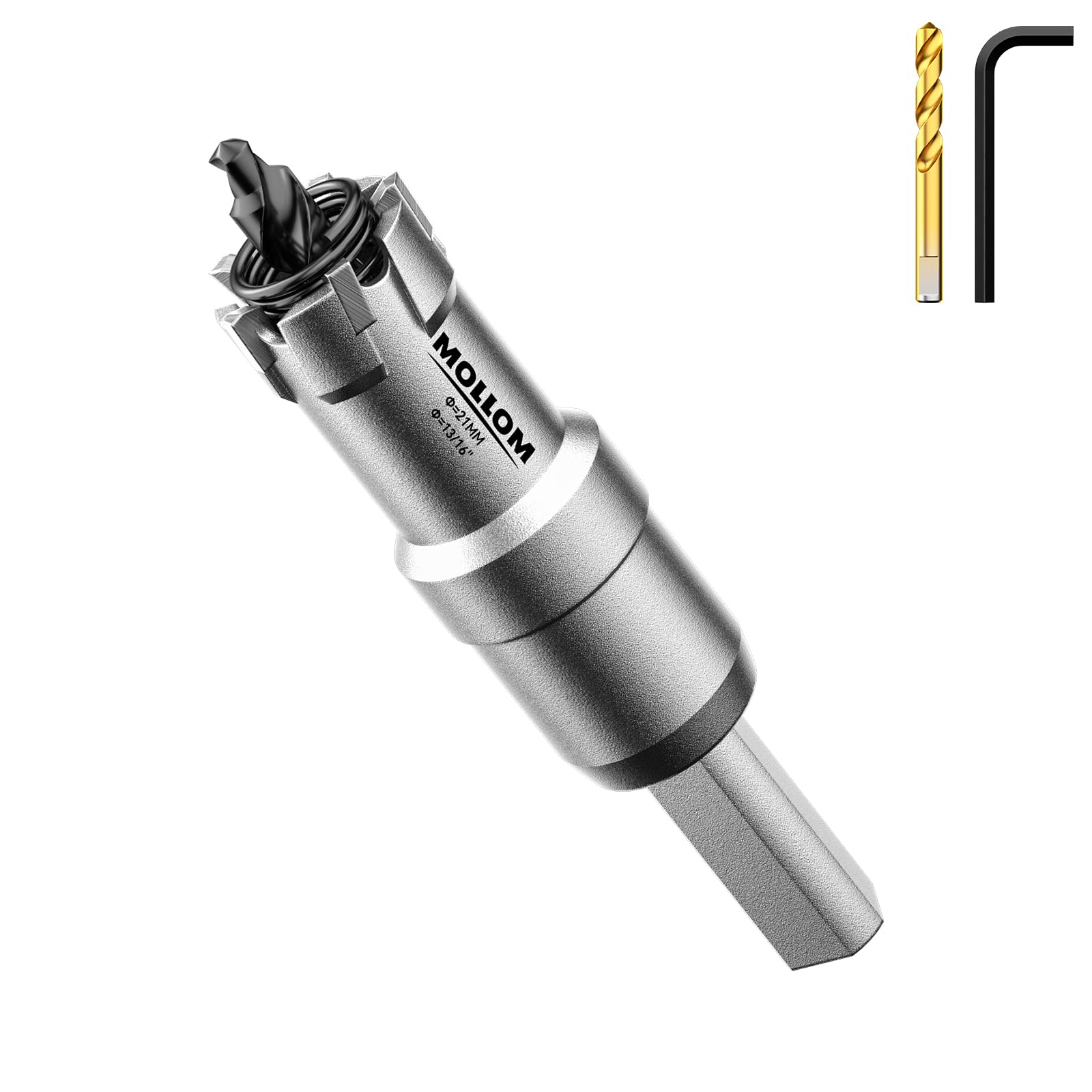 Mollom (13/16''|21mm) Heavy Duty Carbide Hole Saw with 2 Pilot Drill Bits, Hole Cutter cuts Stainless Steel, mild Steel, Iron, Copper, Brass, Plastic