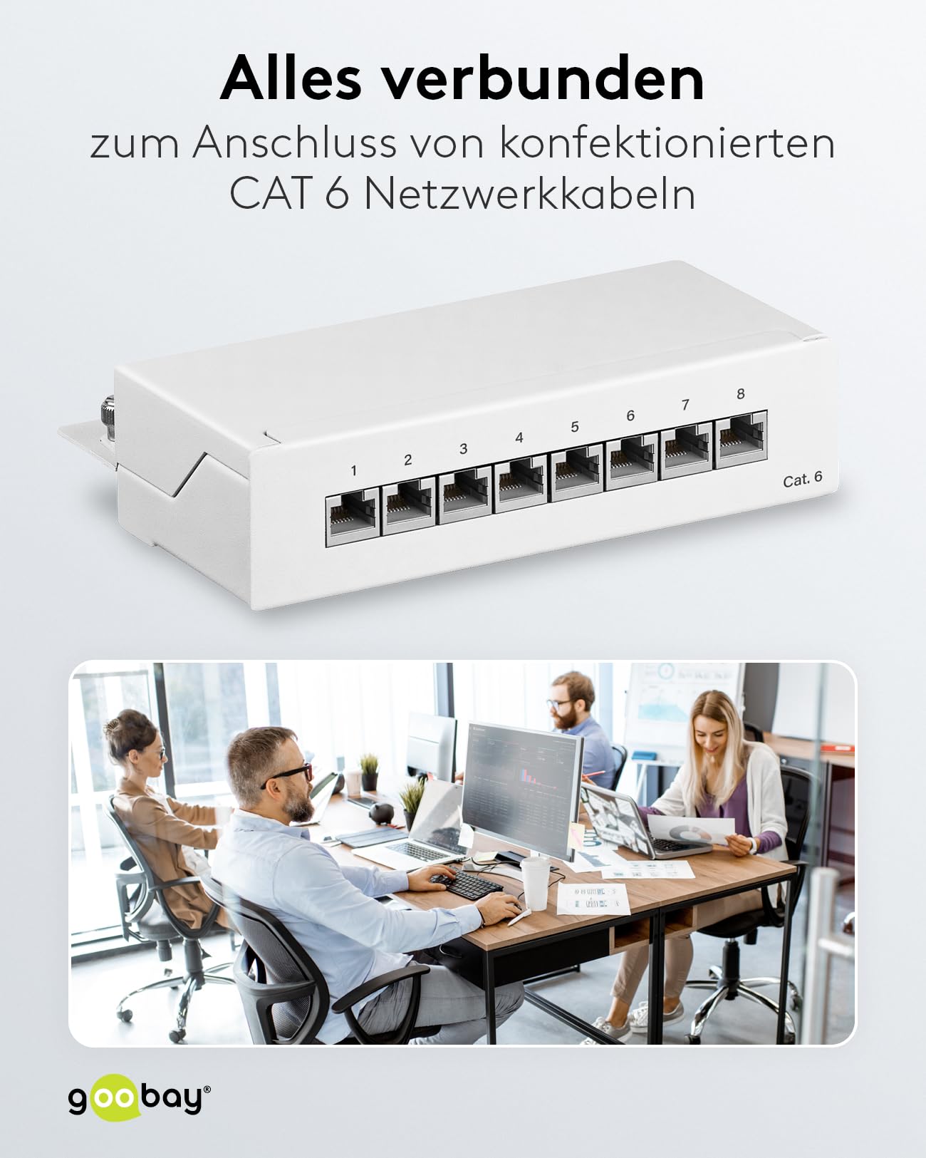 Goobay Cat 6 Mini/Desktop Patch Panel, 8 puertos, color blanco – STP, color blanco