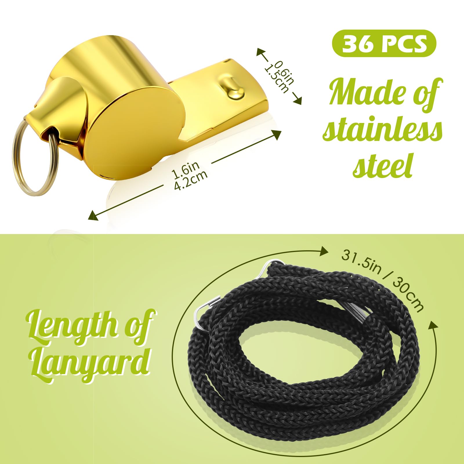 Jenaai Silbato de metal fuerte con cordón, silbato deportivo de acero inoxidable para entrenador, árbitro para adultos, supervivencia, emergencia, silbato dorado para profesores, policía, fútbol