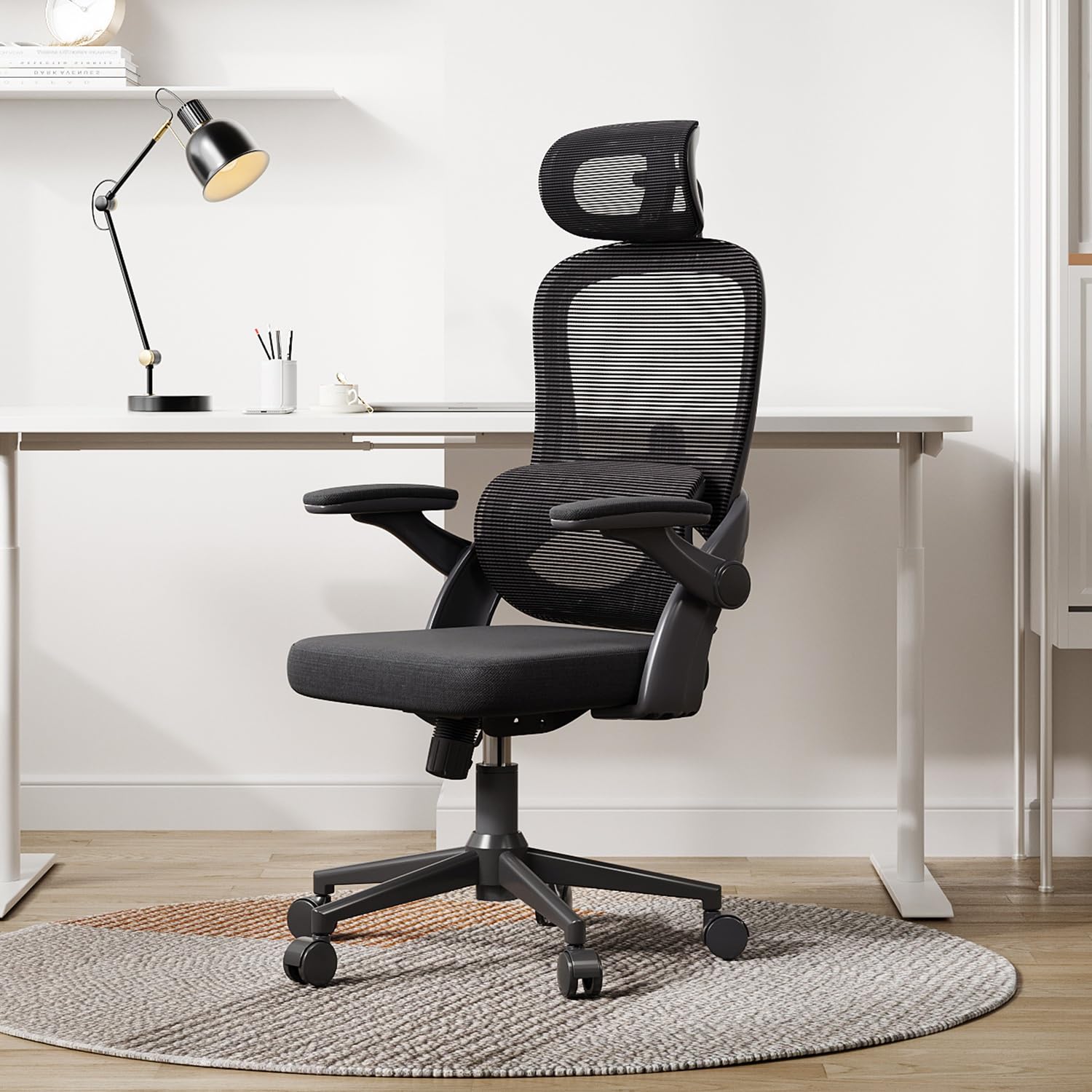 SIHOO M102C Silla ergonomica Escritorio, Silla de Oficina Grande y Alta con reposabrazos Plegables, Soporte Lumbar Ajustable Silla Escritorio, Silla Oficina ergonómica para Uso doméstico - Negro